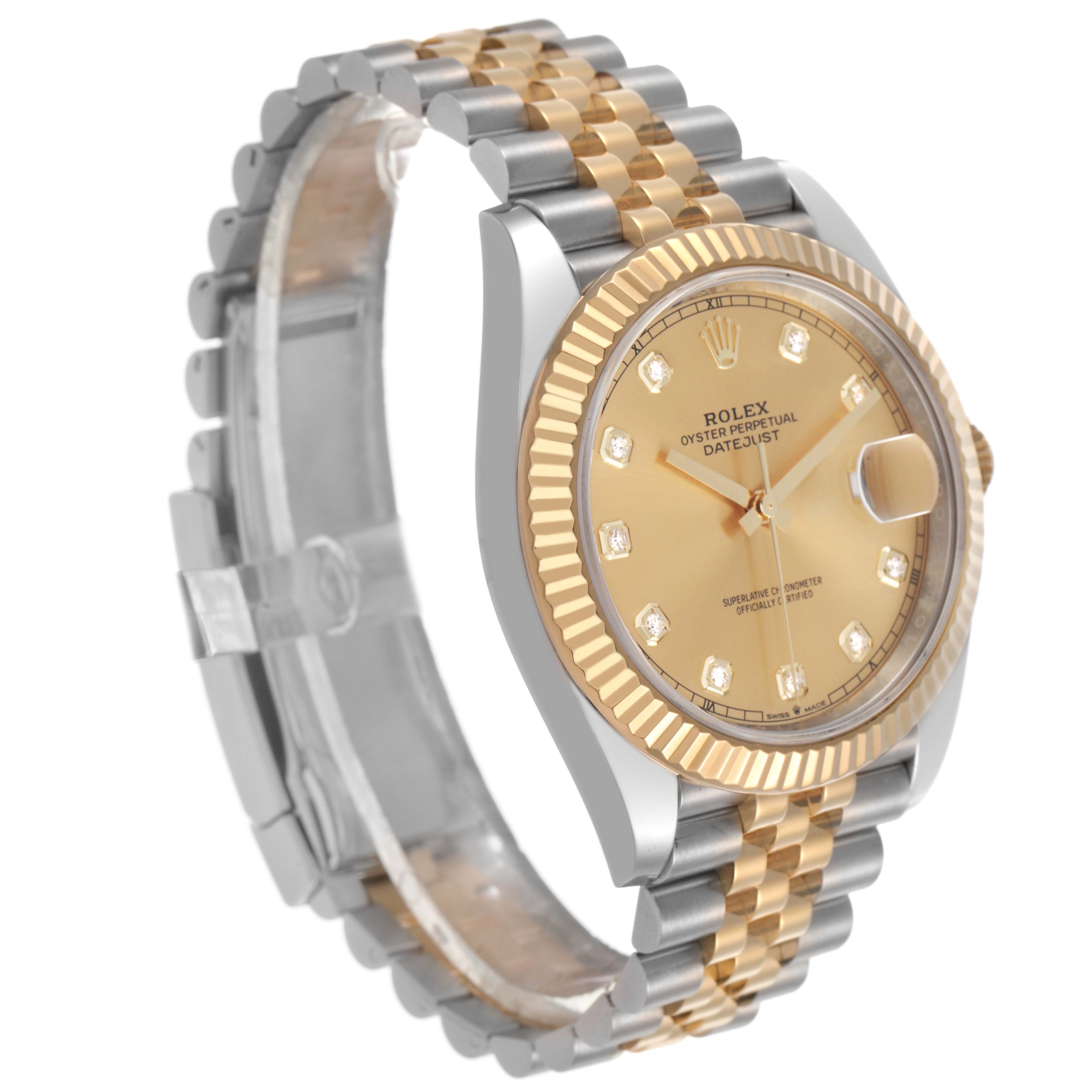 The Rolex Datejust 41 12633 Men's Steel and Gold (two tone) Champagne Dial is shown at a three-quarter angle, highlighting the gold fluted bezel, champagne dial, and Jubilee bracelet.