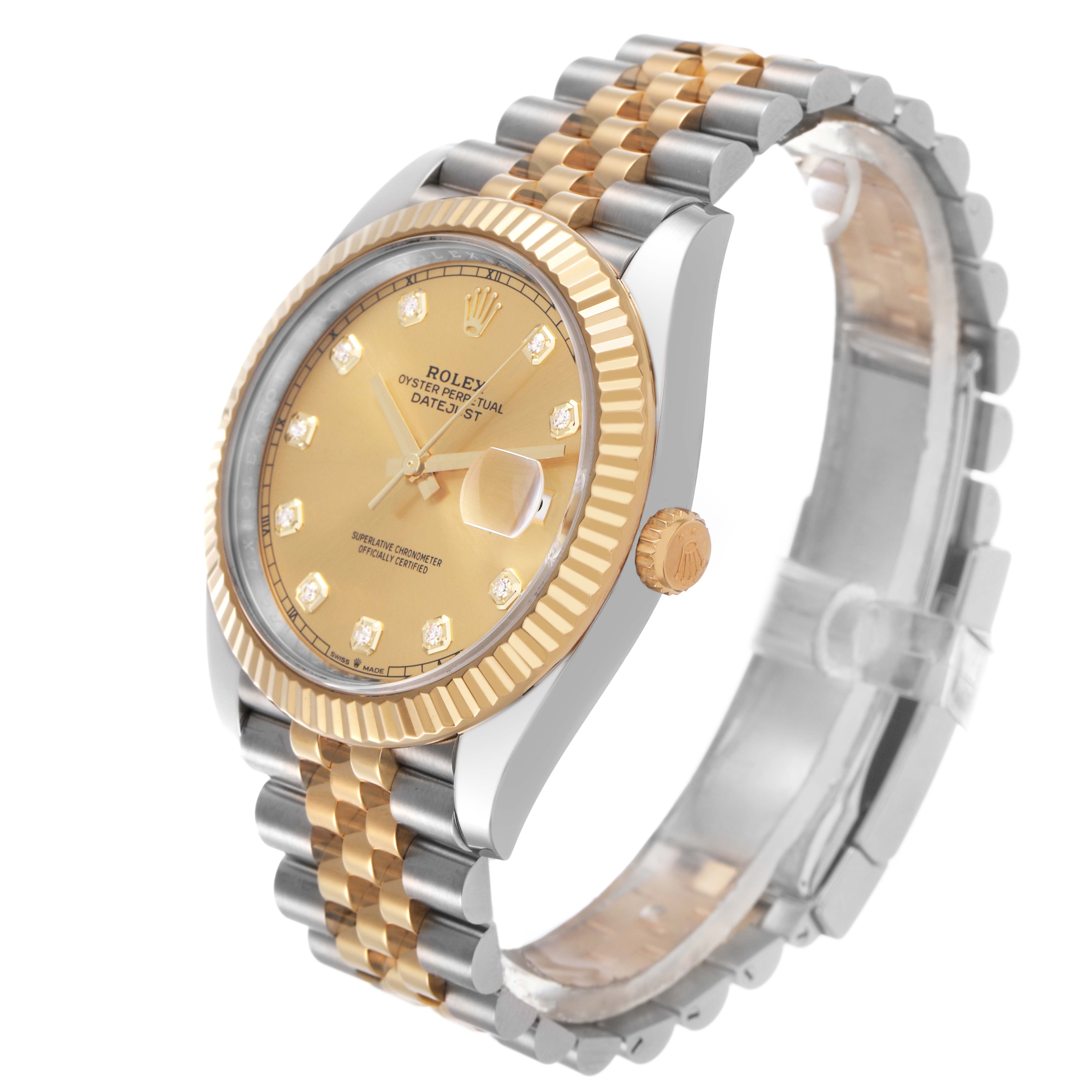 The Rolex Datejust 41 12633 Men's Steel and Gold (two tone) Champagne Dial is shown from a three-quarter angle, highlighting its gold and silver Jubilee bracelet, fluted bezel, and champagne dial.