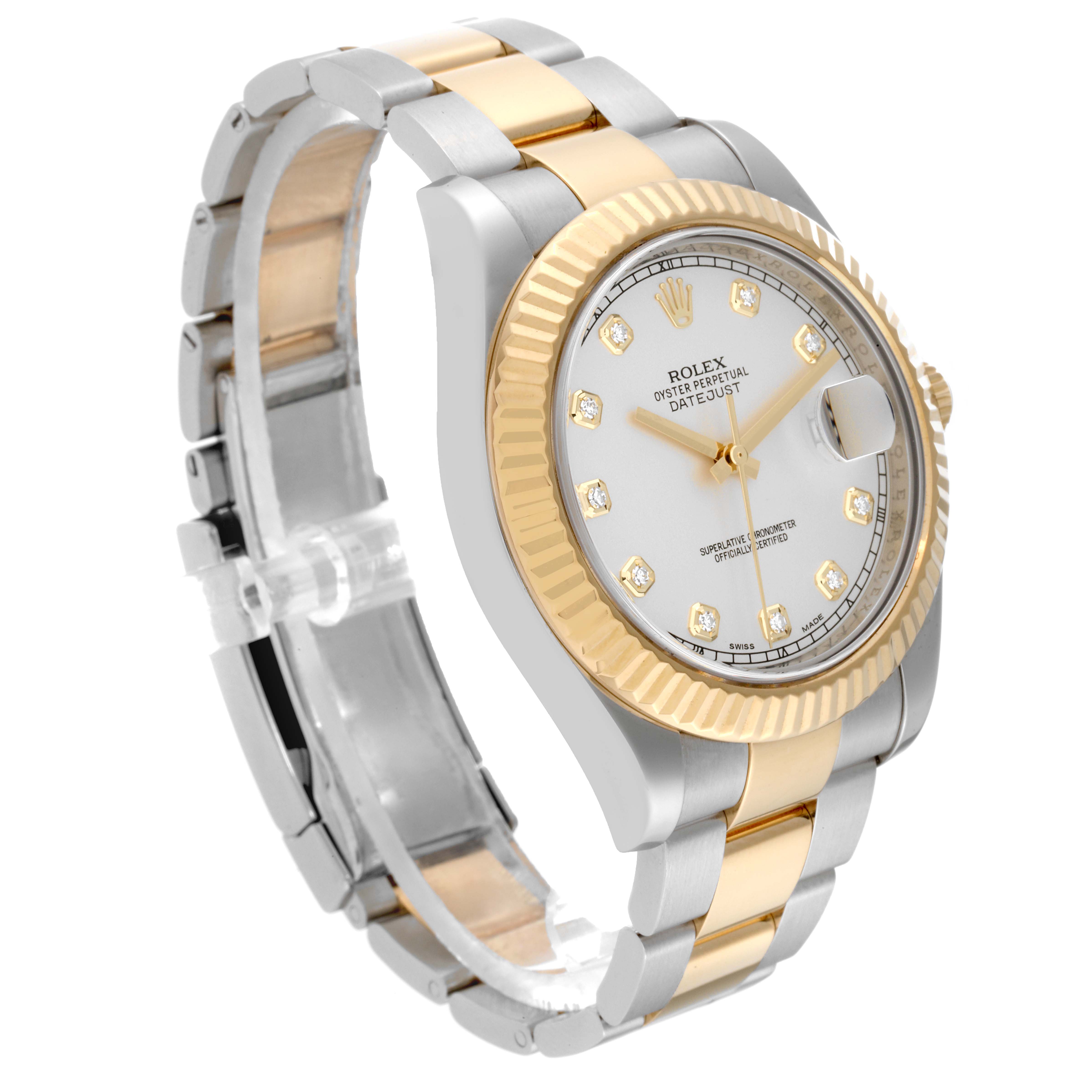 The Rolex Datejust 41 116333 Men's Steel and Gold (two tone) Silver Dial 116333 Men's Steel and Gold (two tone) Silver Dial watch is shown at a three-quarter angle, displaying the face, bracelet, and fluted bezel.