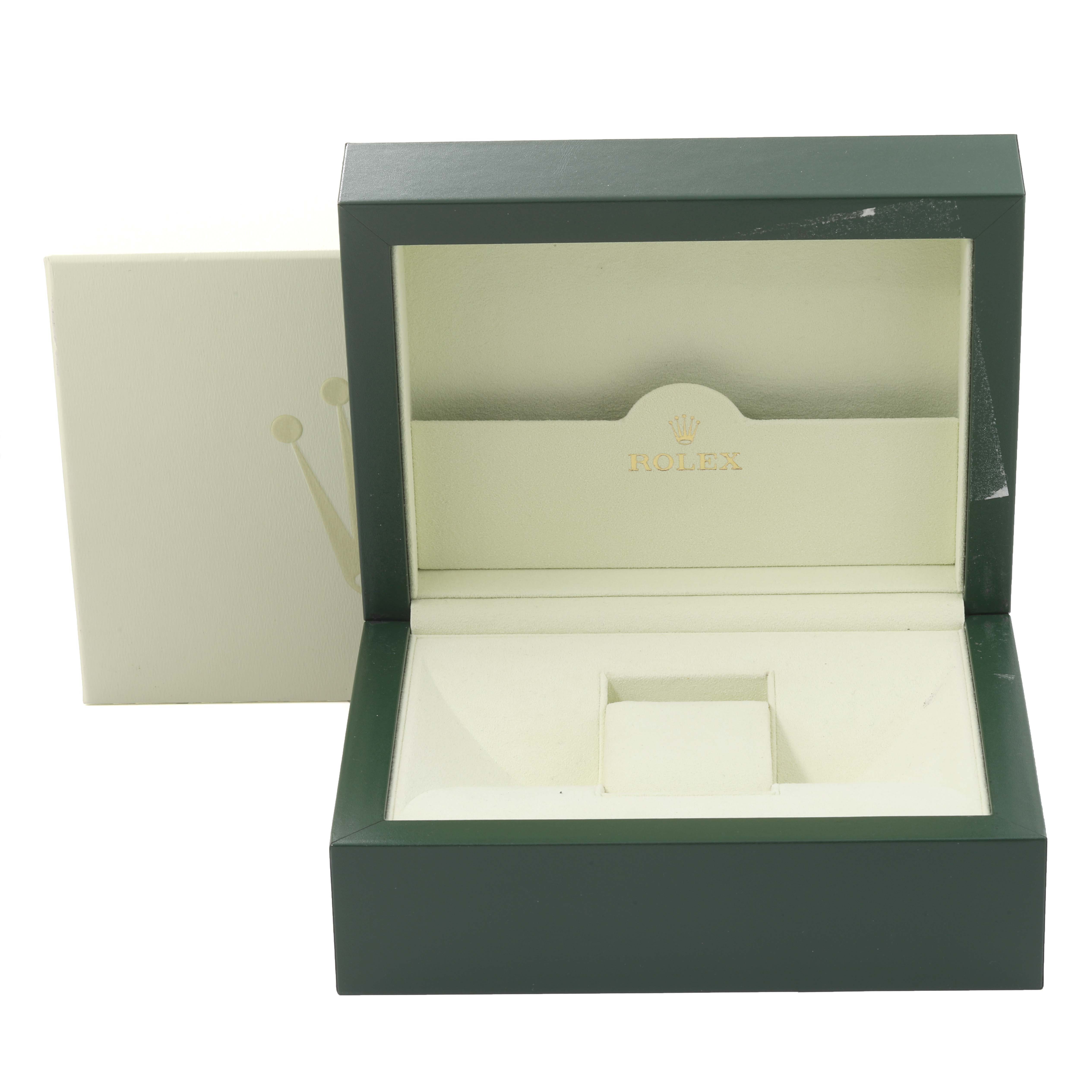 This image shows an open Rolex Datejust 41 116333 Men's Steel and Gold (two tone) Silver Dial 116333 Men's Steel and Gold (two tone) Silver Dial watch box from a front angle, displaying the interior compartments.