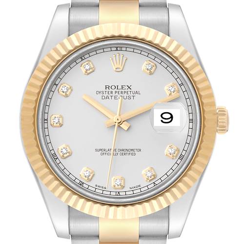 The image shows a front angle of the Rolex Datejust 41 watch, highlighting the dial, bezel, and part of the bracelet.