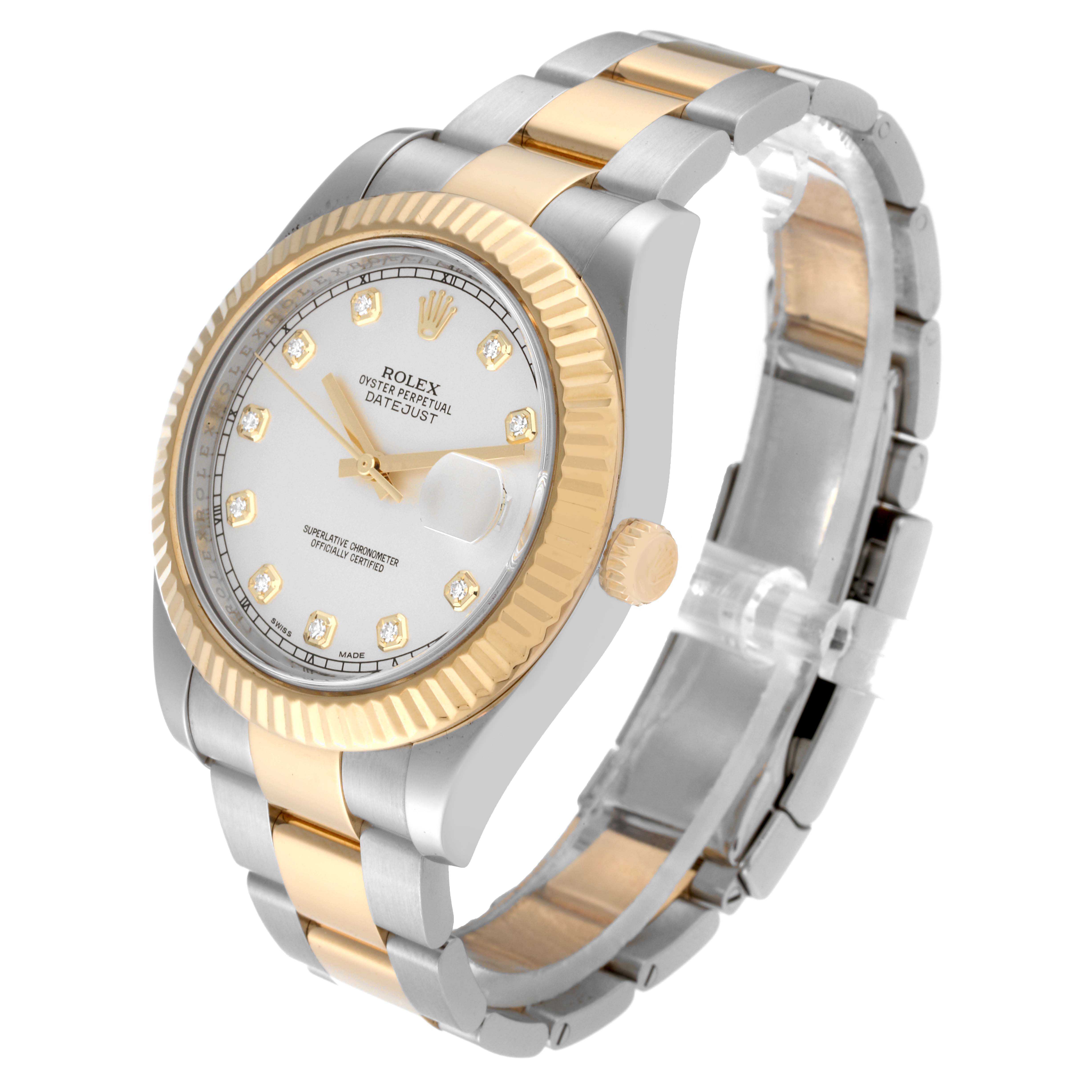 The Rolex Datejust 41 116333 Men's Steel and Gold (two tone) Silver Dial 116333 Men's Steel and Gold (two tone) Silver Dial watch is shown at a three-quarter angle, highlighting the dial, bezel, and bracelet.