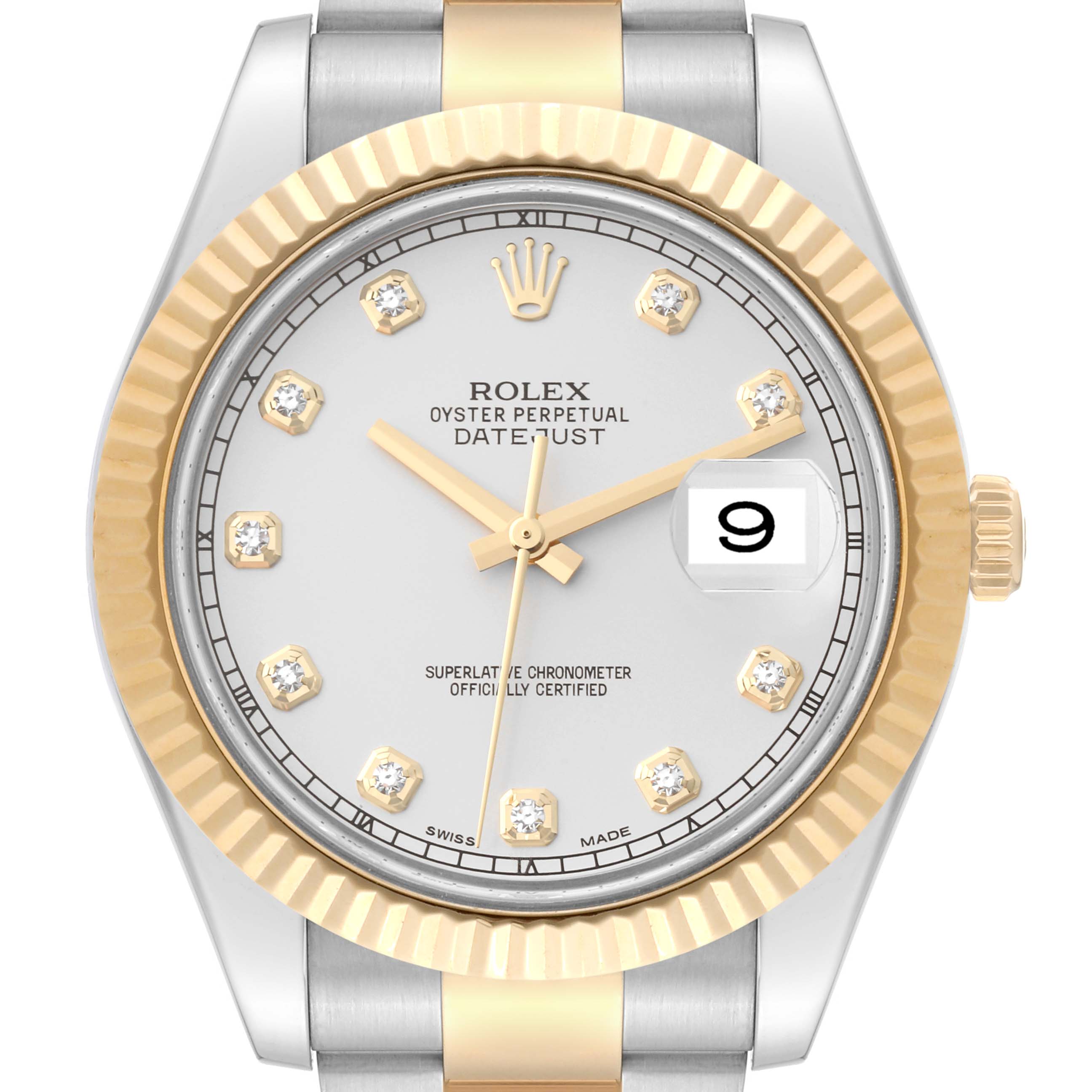 This image shows the front view of a Rolex Datejust 41 116333 Men's Steel and Gold (two tone) Silver Dial 116333 Men's Steel and Gold (two tone) Silver Dial watch, highlighting its dial, bezel, and part of the bracelet.