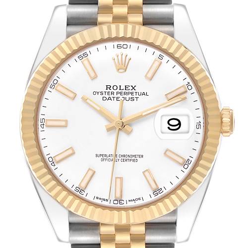 The Rolex Datejust 41 126333 Men's Steel and Gold (two tone) White Dial is shown in a close-up view highlighting the dial, gold fluted bezel, and jubilee bracelet.