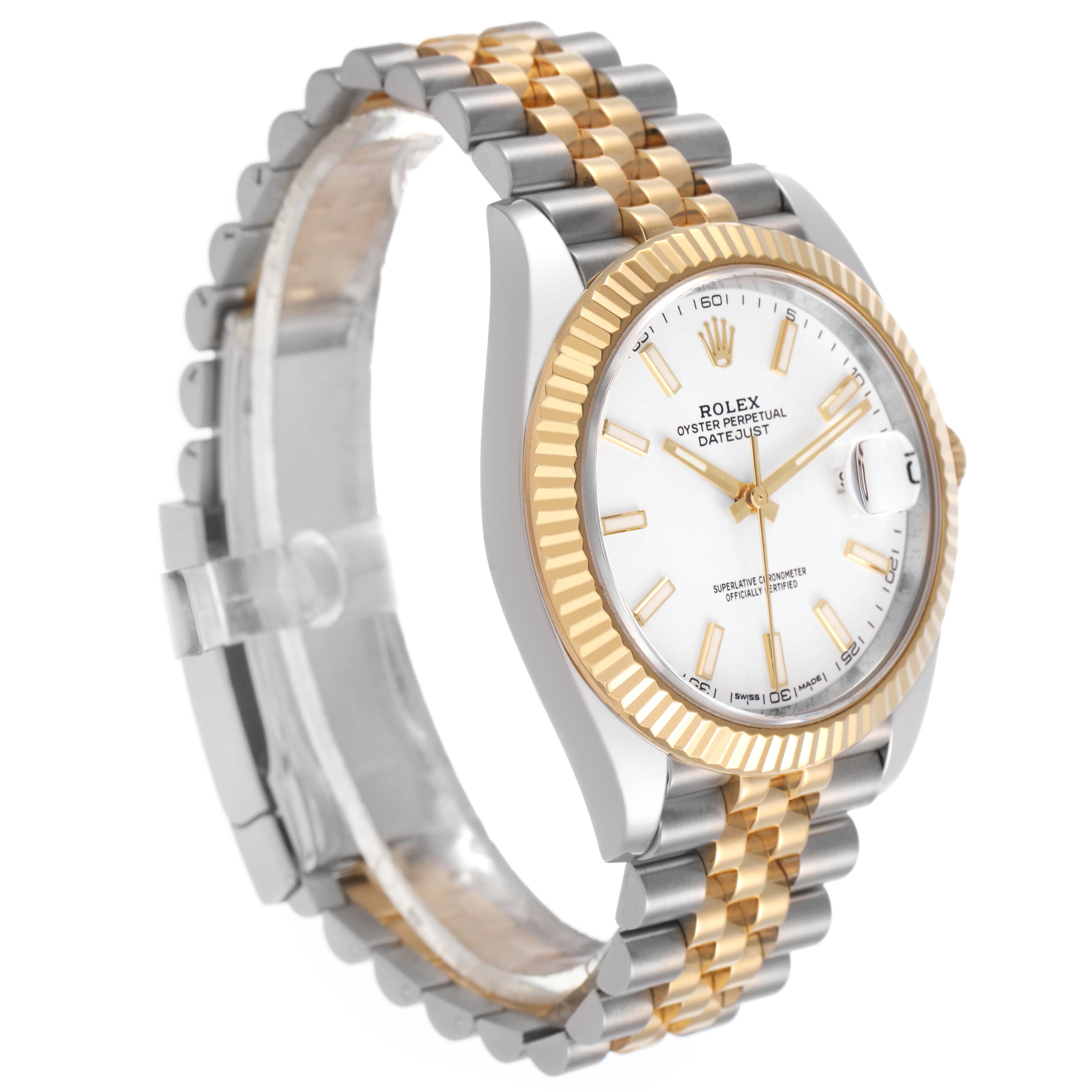 The Rolex Datejust 41 126333 Men's Steel and Gold (two tone) White Dial is displayed at a slight side angle, showing the dial, gold fluted bezel, and two-tone bracelet.