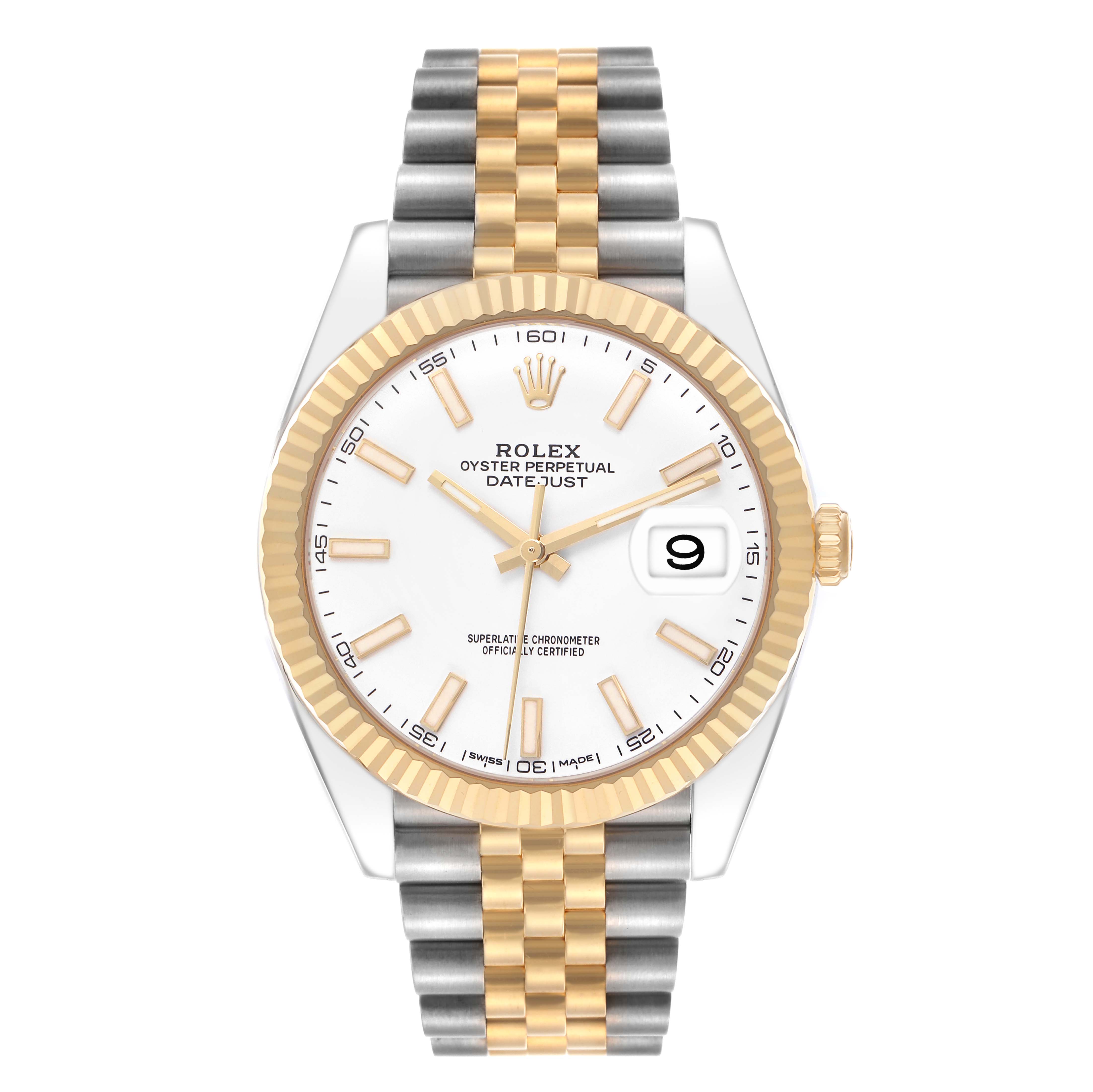 The Rolex Datejust 41 126333 Men's Steel and Gold (two tone) White Dial is shown from the front, highlighting the face, bezel, and two-tone bracelet.
