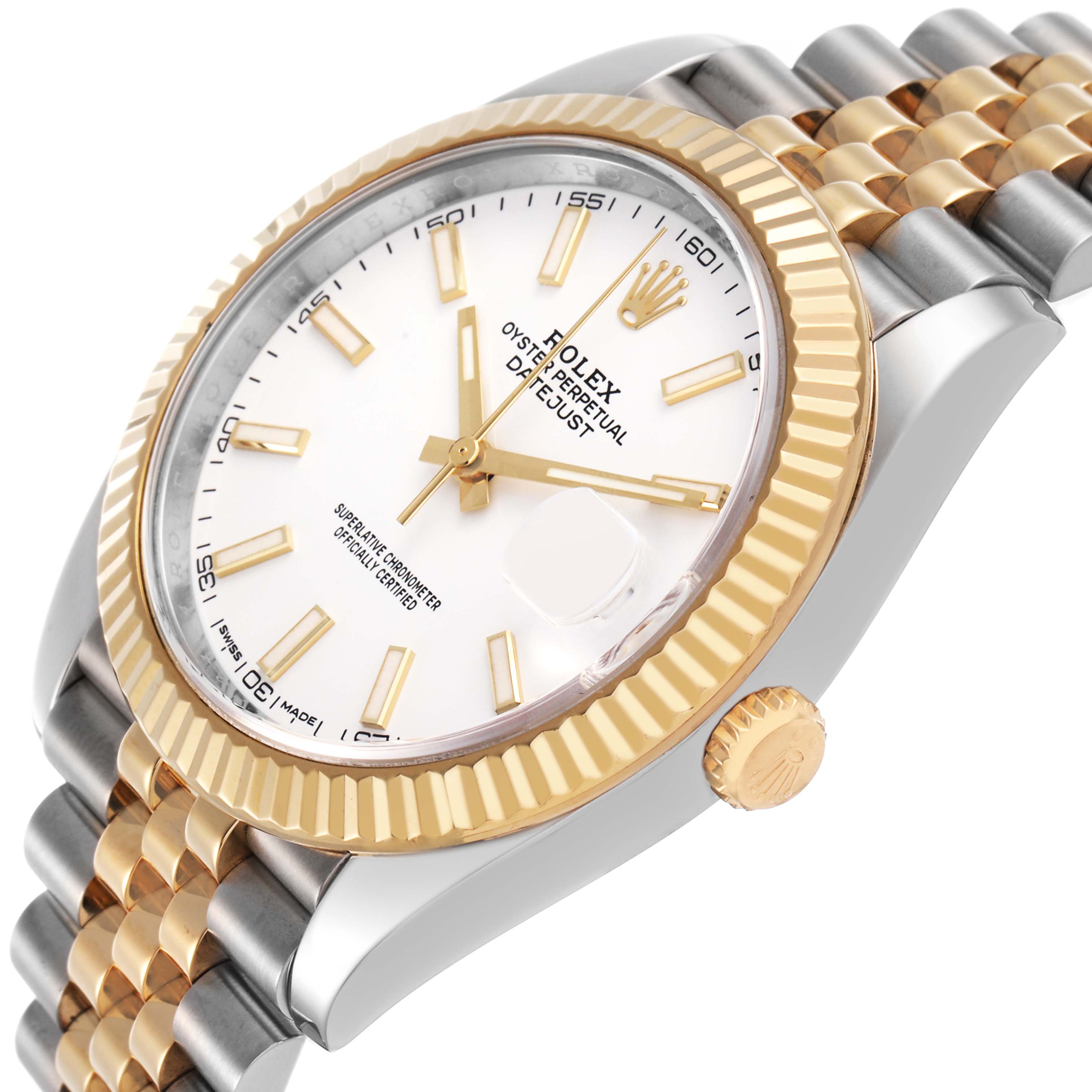 The Rolex Datejust 41 126333 Men's Steel and Gold (two tone) White Dial is shown at a slight angle, highlighting the fluted bezel, dial, crown, and two-tone bracelet.