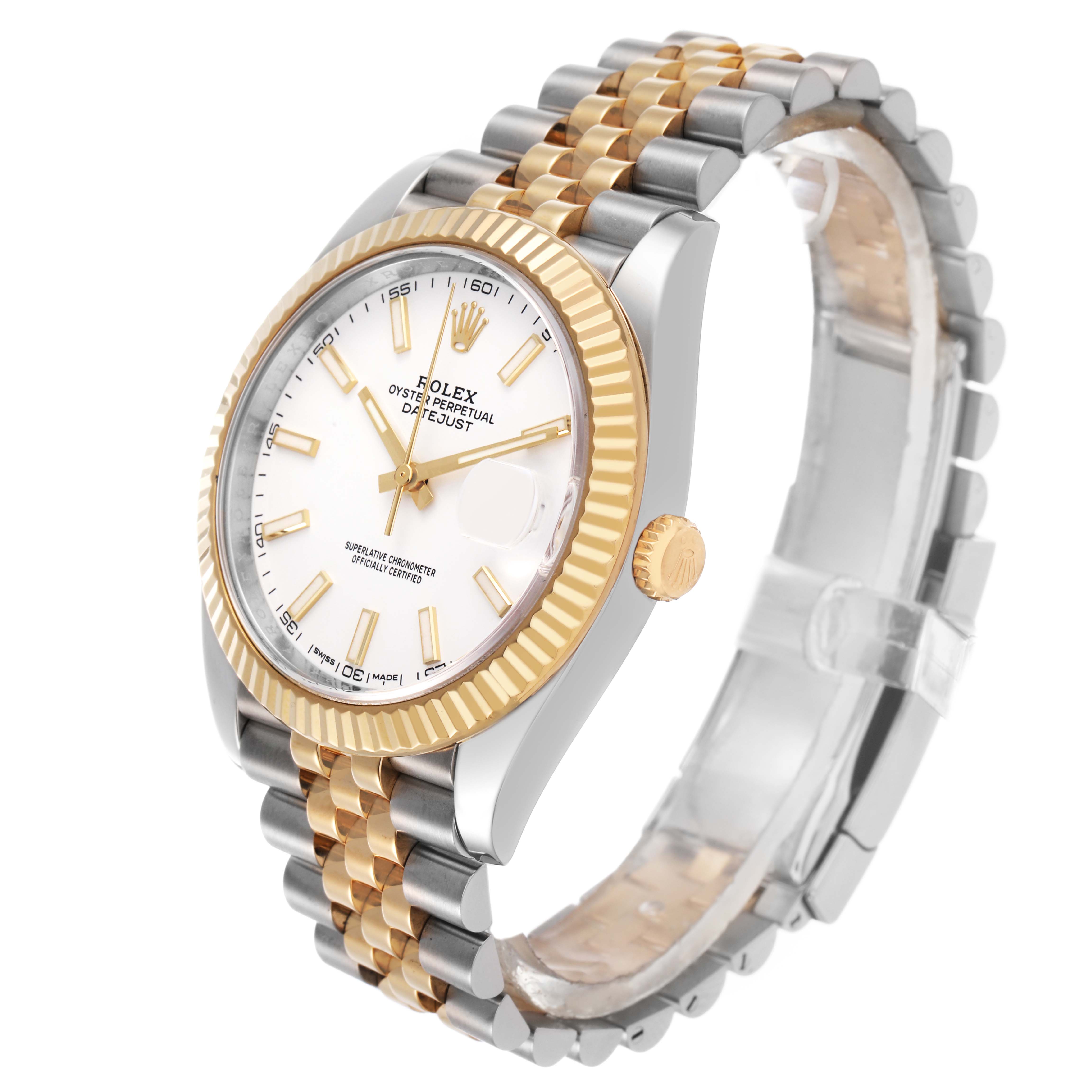 The Rolex Datejust 41 126333 Men's Steel and Gold (two tone) White Dial is shown at a three-quarter angle, highlighting the fluted bezel, jubilee bracelet, crown, and dial.