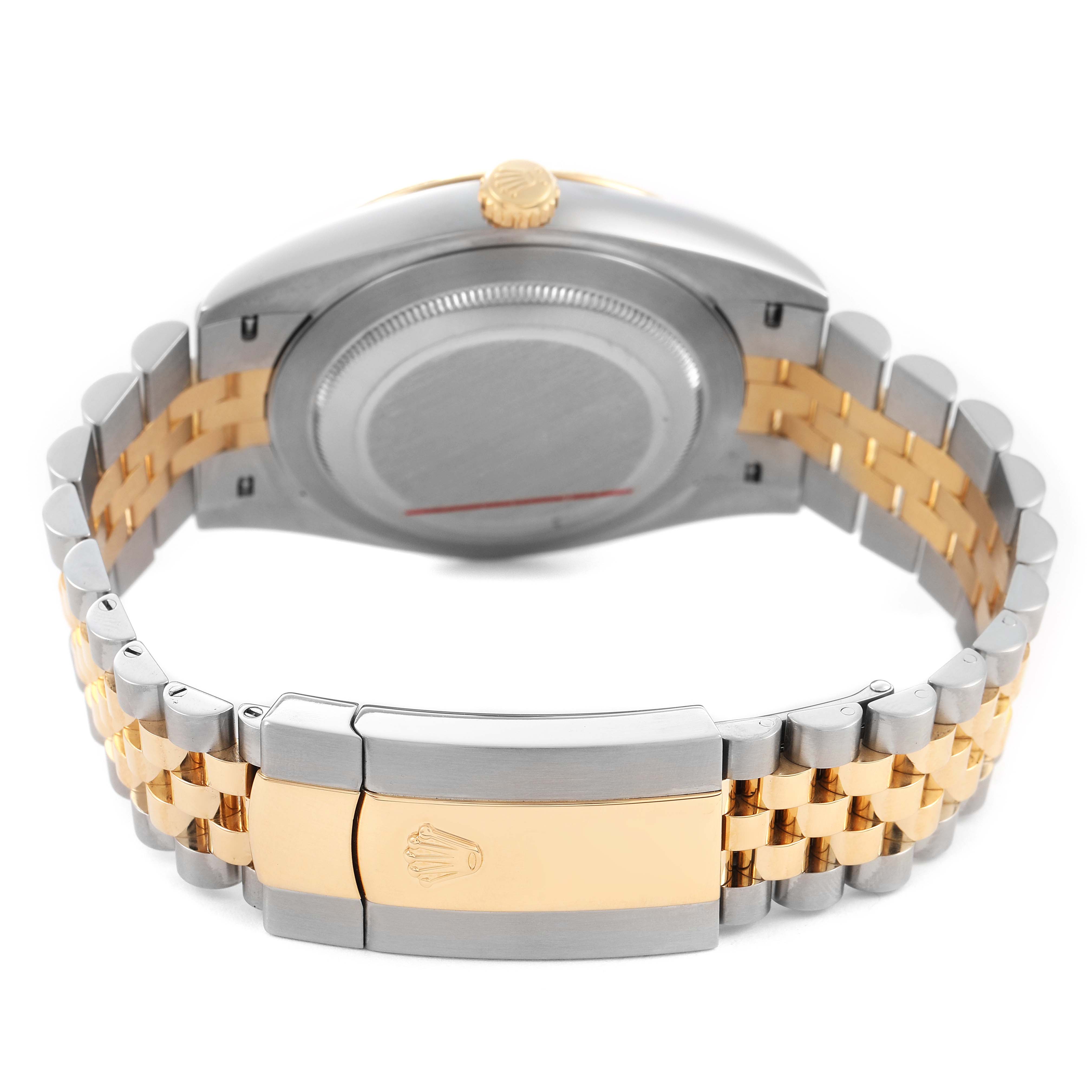 The Rolex Datejust 41 126333 Men's Steel and Gold (two tone) White Dial watch is shown from the back, highlighting its caseback, crown, and two-tone bracelet with a clasp.