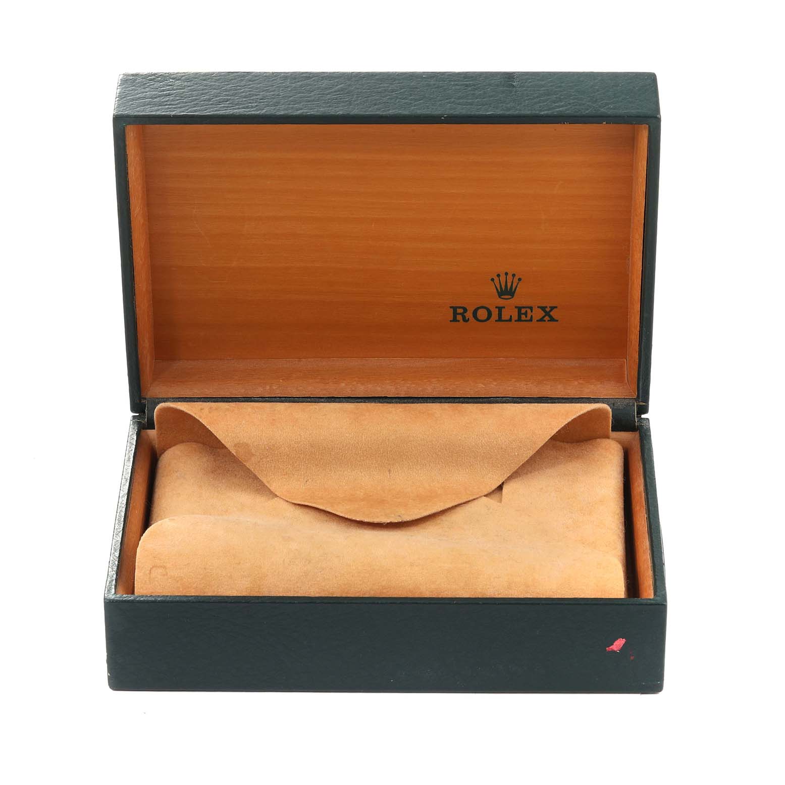 The image shows an open Rolex Datejust 16200 Men's Stainless Steel Black Dial 16200 Men's Stainless Steel Black Dial watch box with a suede cover inside.