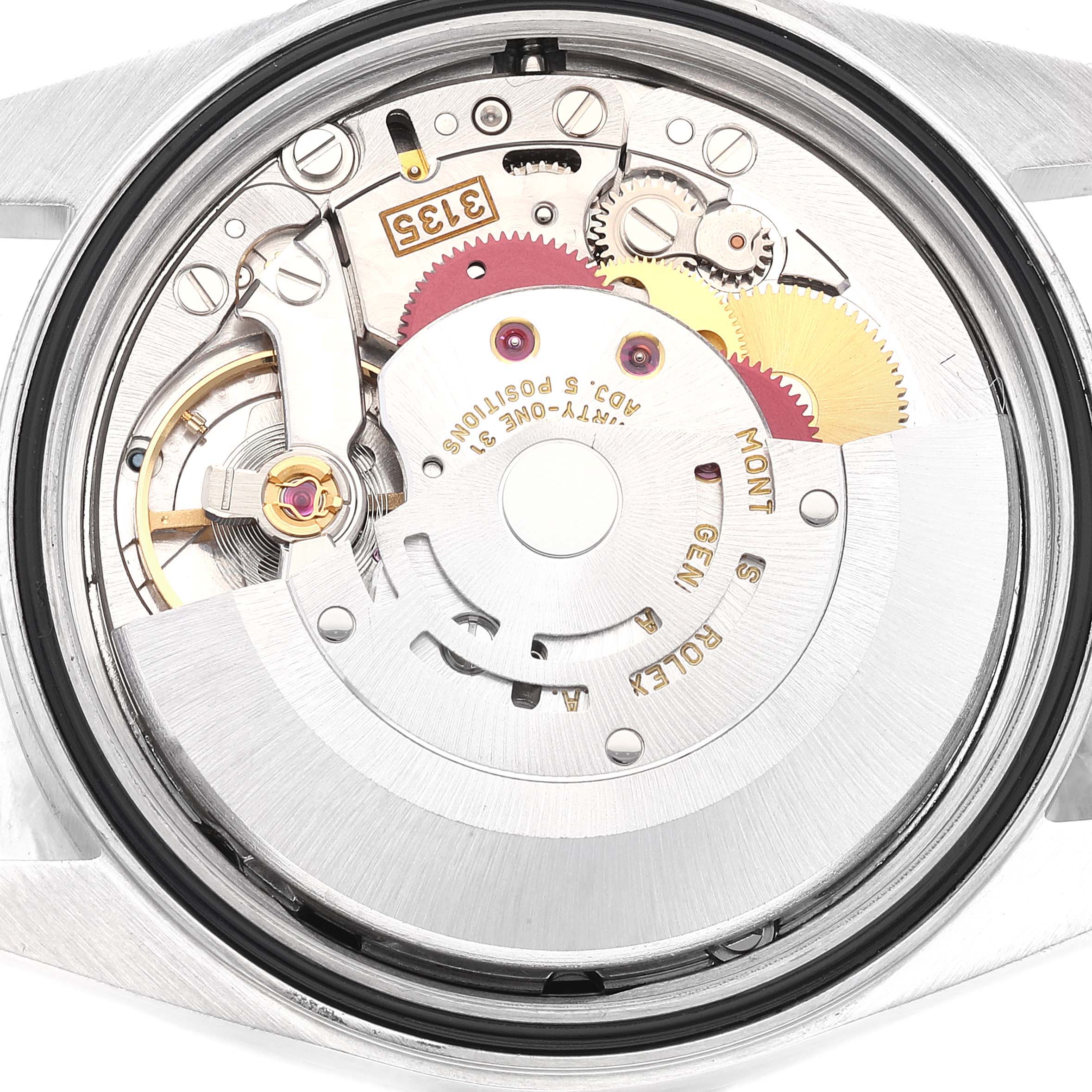 The image shows the internal mechanism of a Rolex Datejust 16200 Men's Stainless Steel Black Dial 16200 Men's Stainless Steel Black Dial watch, viewed from the back.