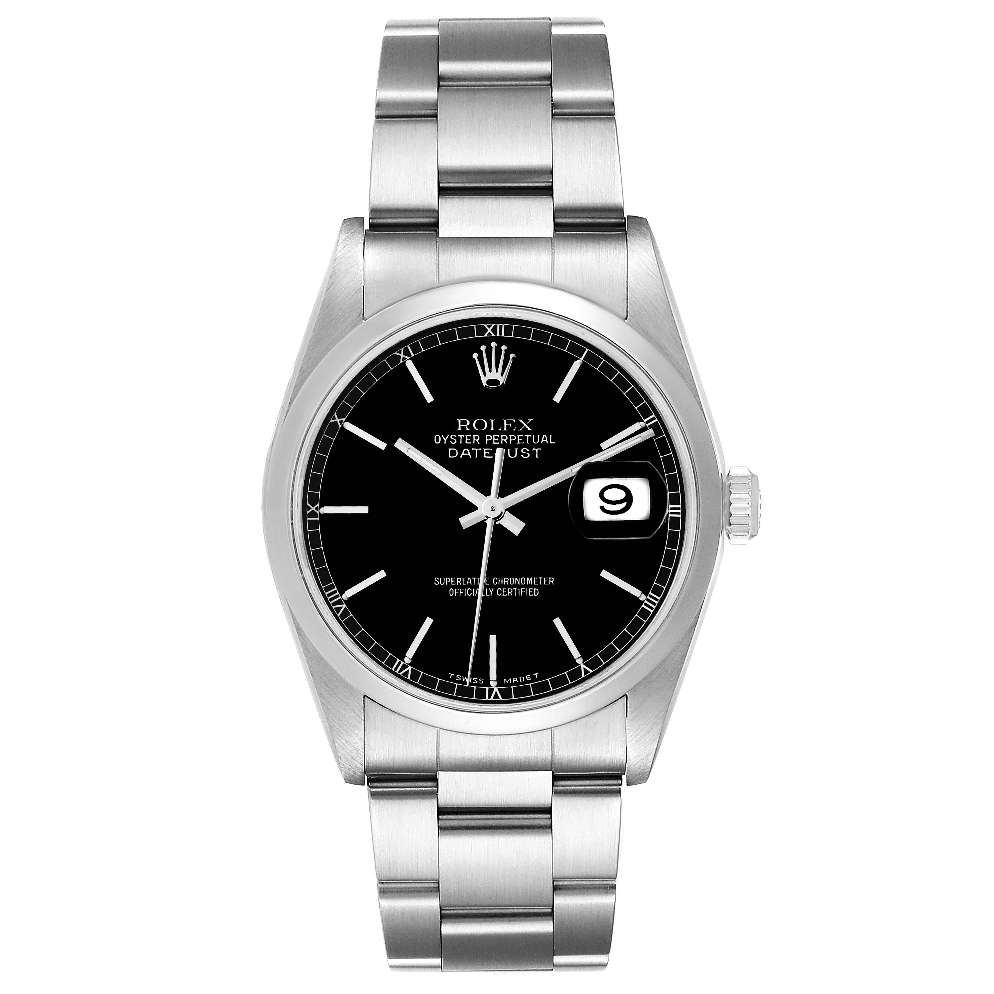 This is a front view of a Rolex Datejust 16200 Men's Stainless Steel Black Dial 16200 Men's Stainless Steel Black Dial with a black dial and an Oystersteel bracelet.
