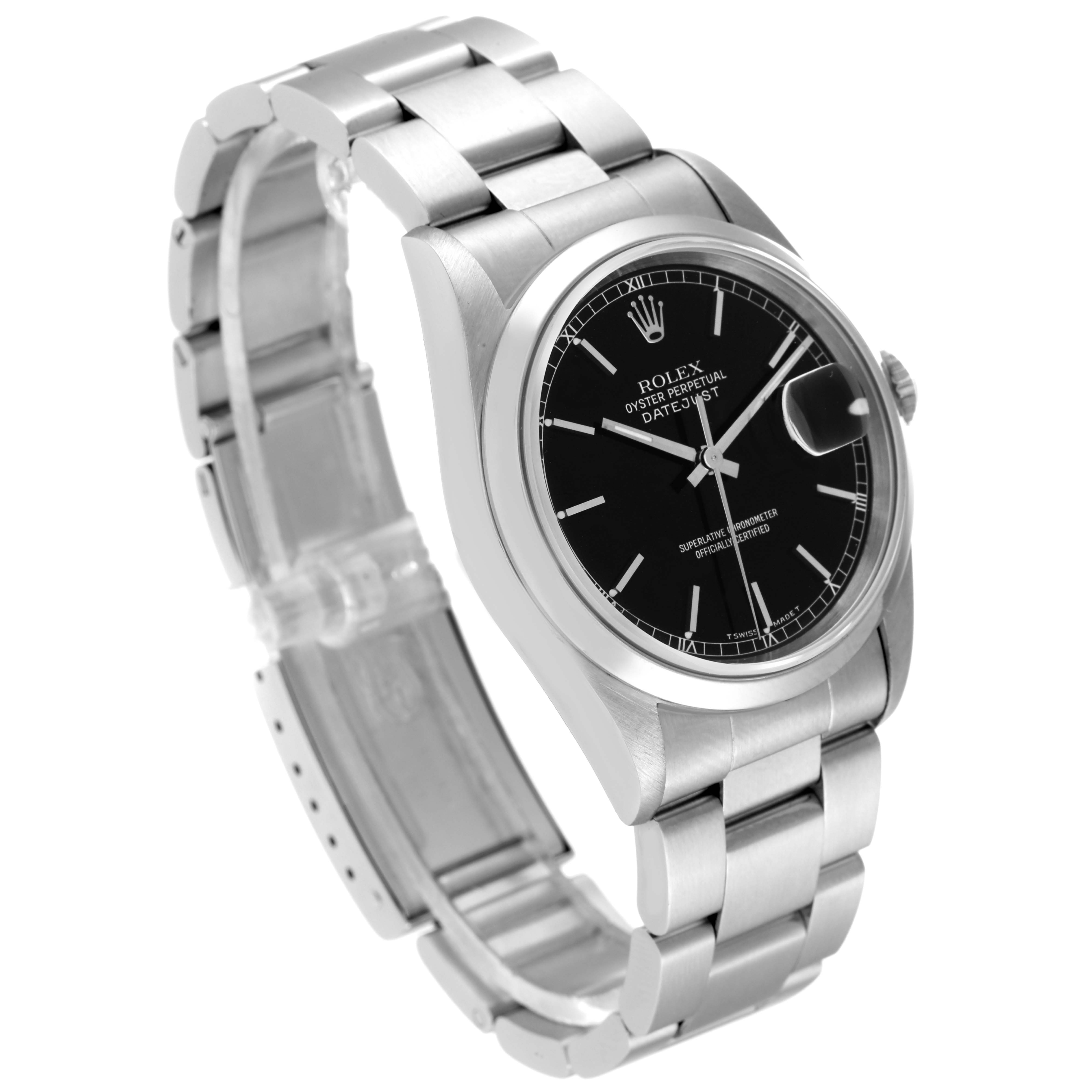 The image shows a Rolex Datejust 16200 Men's Stainless Steel Black Dial 16200 Men's Stainless Steel Black Dial watch from a slightly angled top view, displaying the face, bezel, and part of the bracelet.