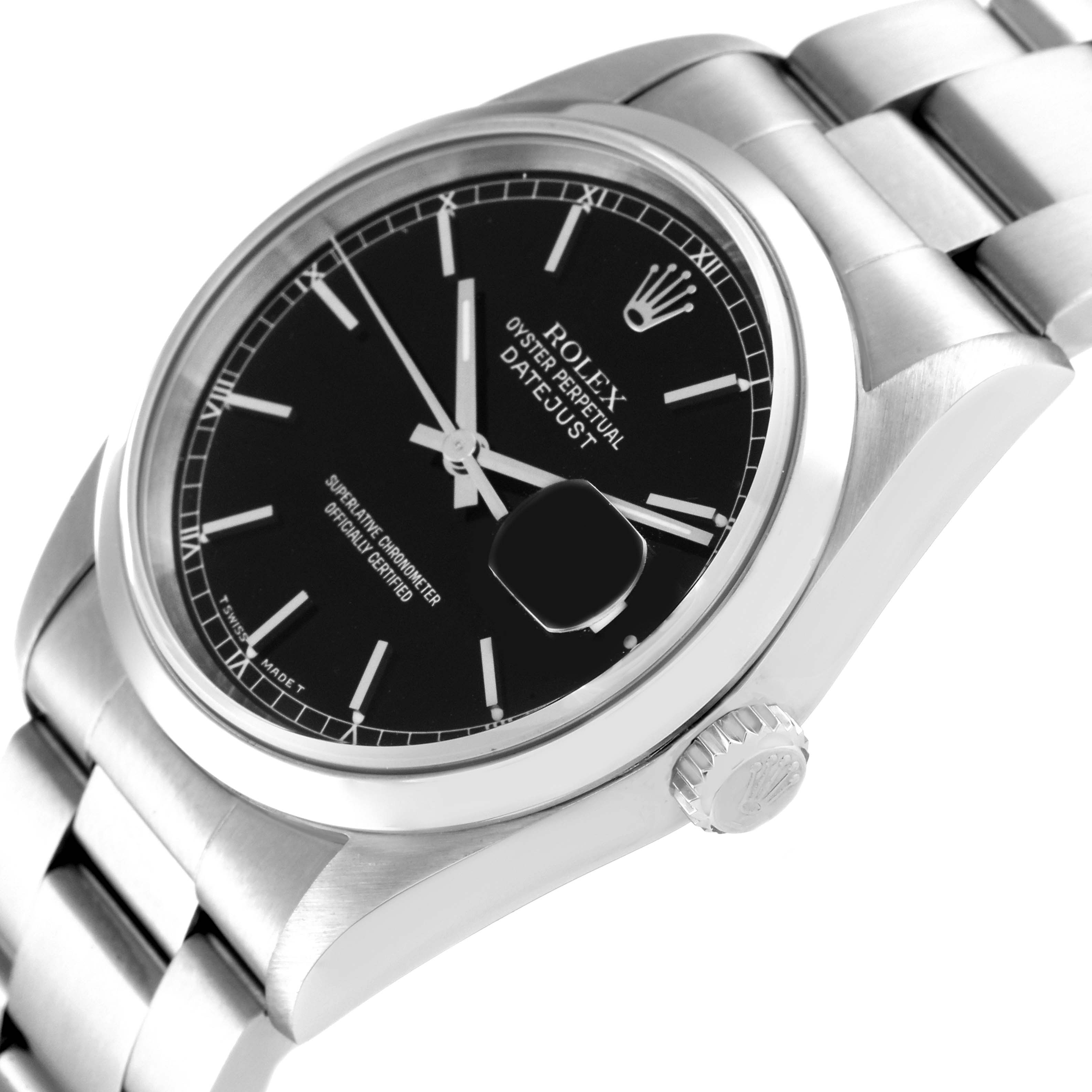 The image shows a close-up of the Rolex Datejust 16200 Men's Stainless Steel Black Dial 16200 Men's Stainless Steel Black Dial watch at an angle, highlighting the dial, crown, and part of the bracelet.