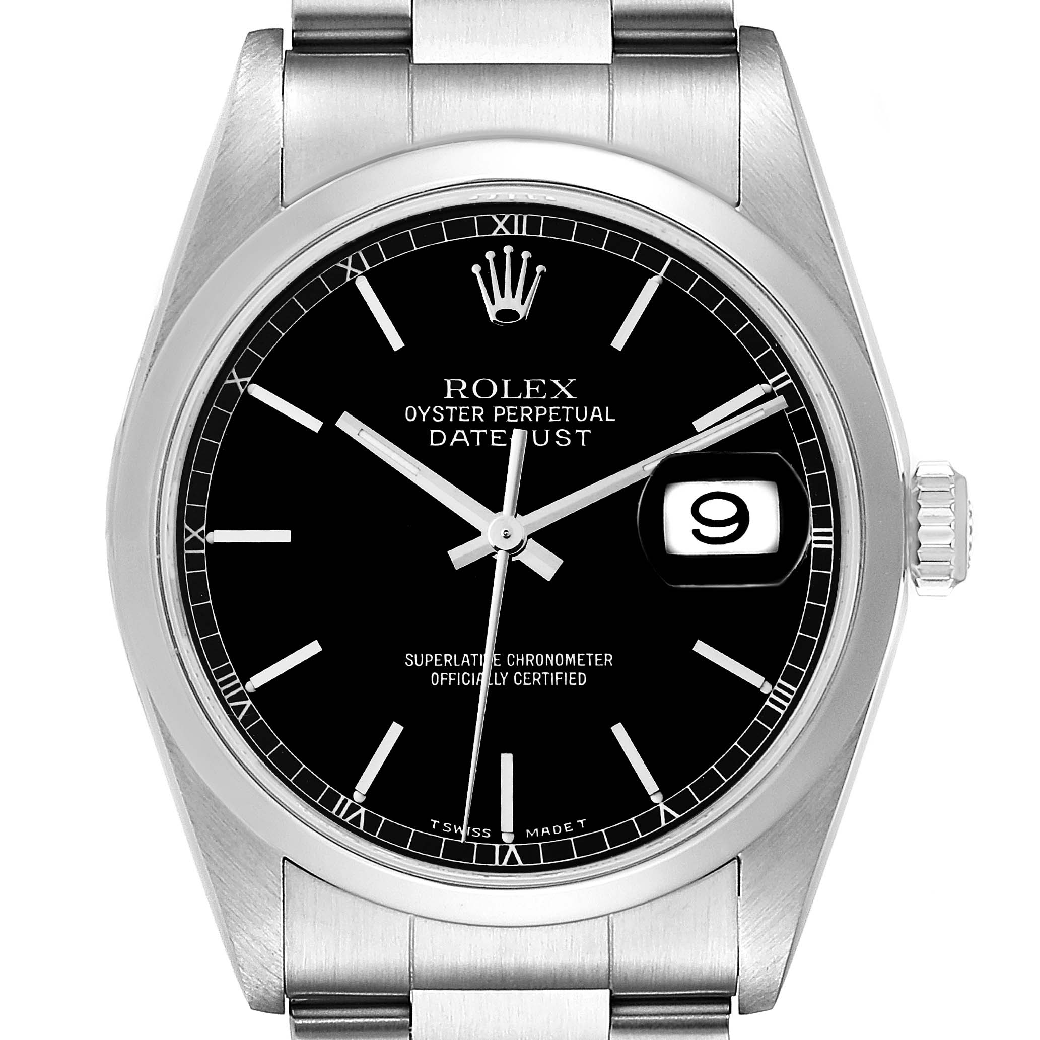 This image shows a front view of the Rolex Datejust 16200 Men's Stainless Steel Black Dial 16200 Men's Stainless Steel Black Dial watch, featuring its black dial, date display, and stainless steel bracelet.