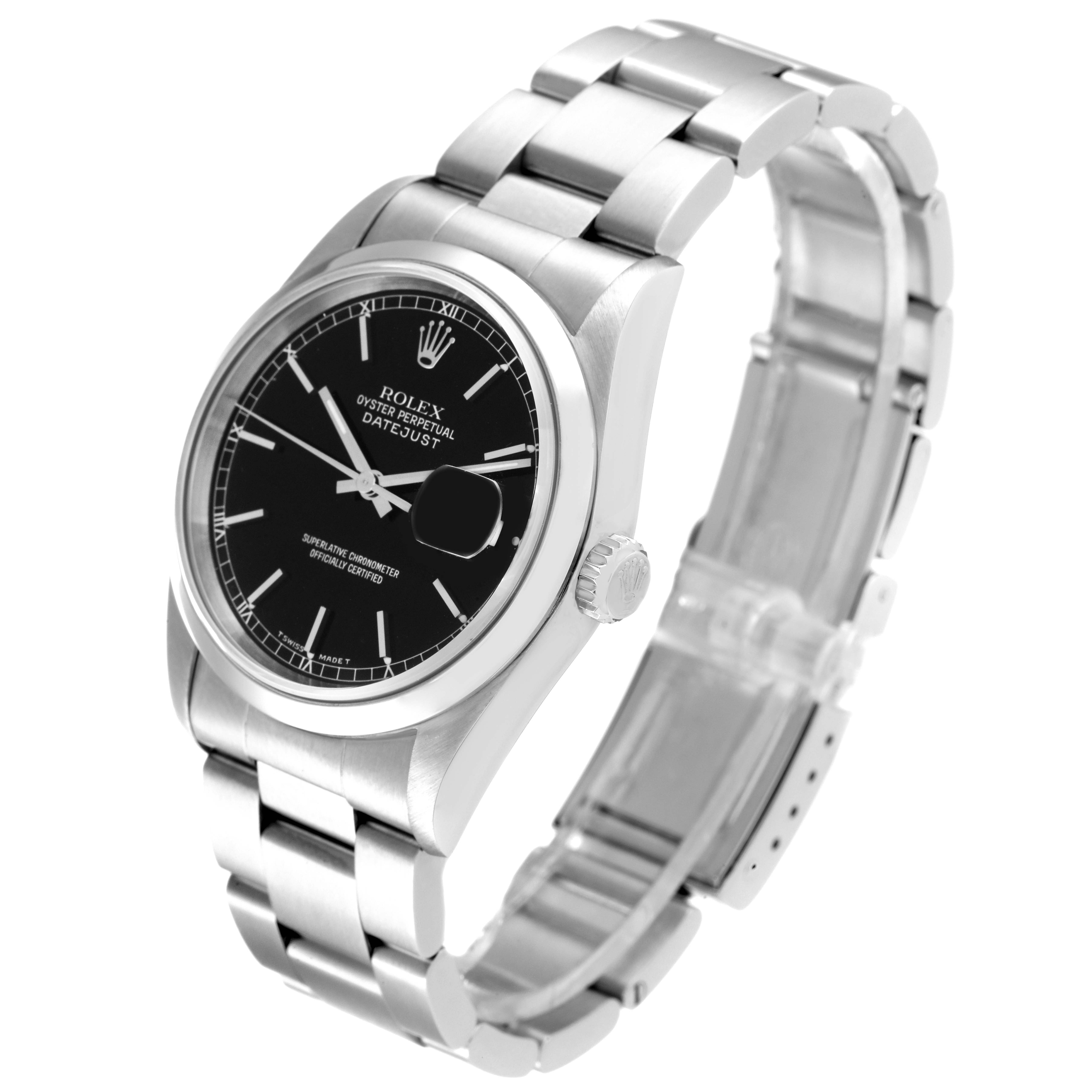 This image shows a Rolex Datejust 16200 Men's Stainless Steel Black Dial 16200 Men's Stainless Steel Black Dial watch taken from a tilted angle, emphasizing the dial, bezel, crown, and bracelet.