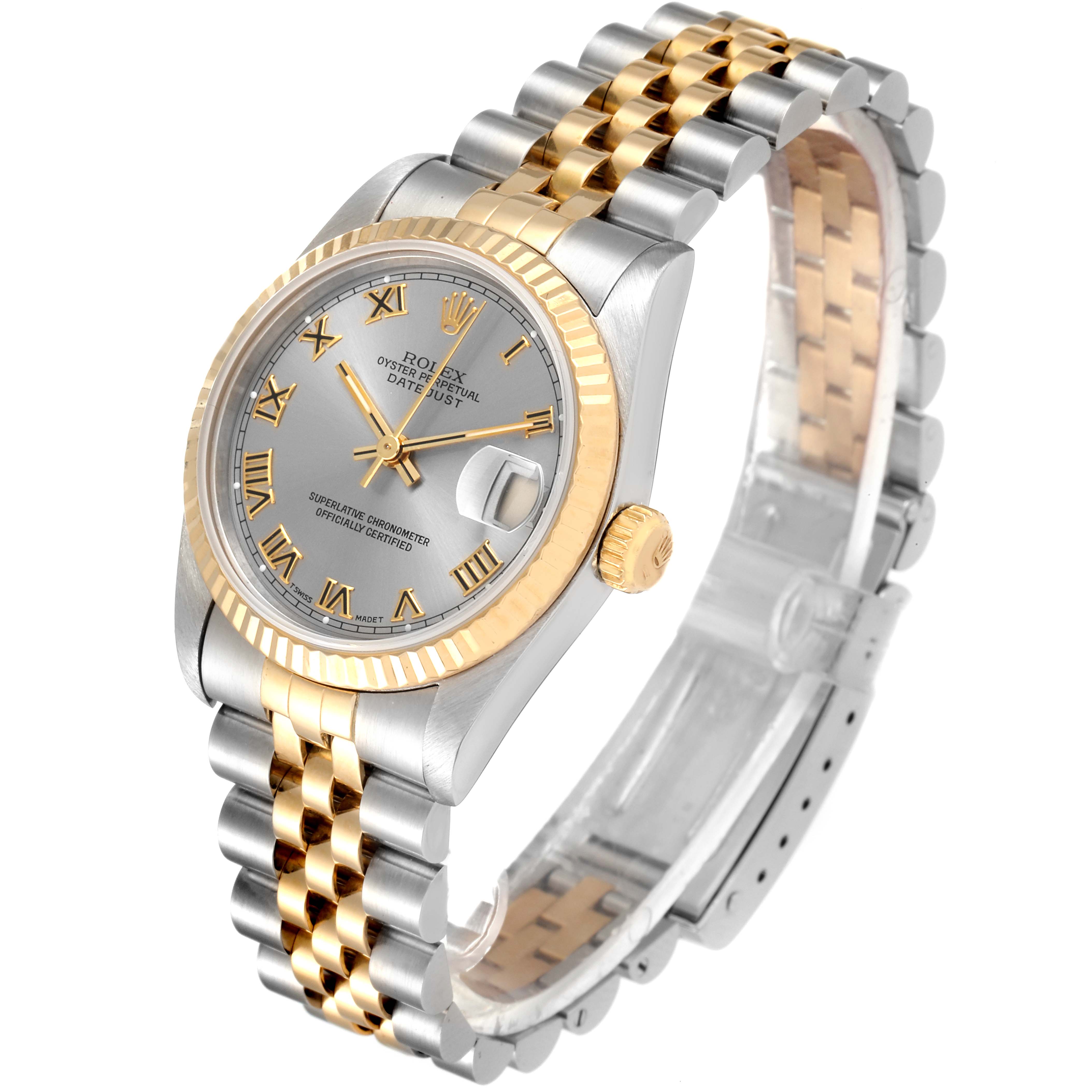 The Rolex Mid-Size 68273 Women's Steel and Gold (two tone) Grey Dial 68273 Women's Steel and Gold (two tone) Grey Dial Datejust watch is shown from an angled front view, displaying its face, bezel, and two-tone bracelet.