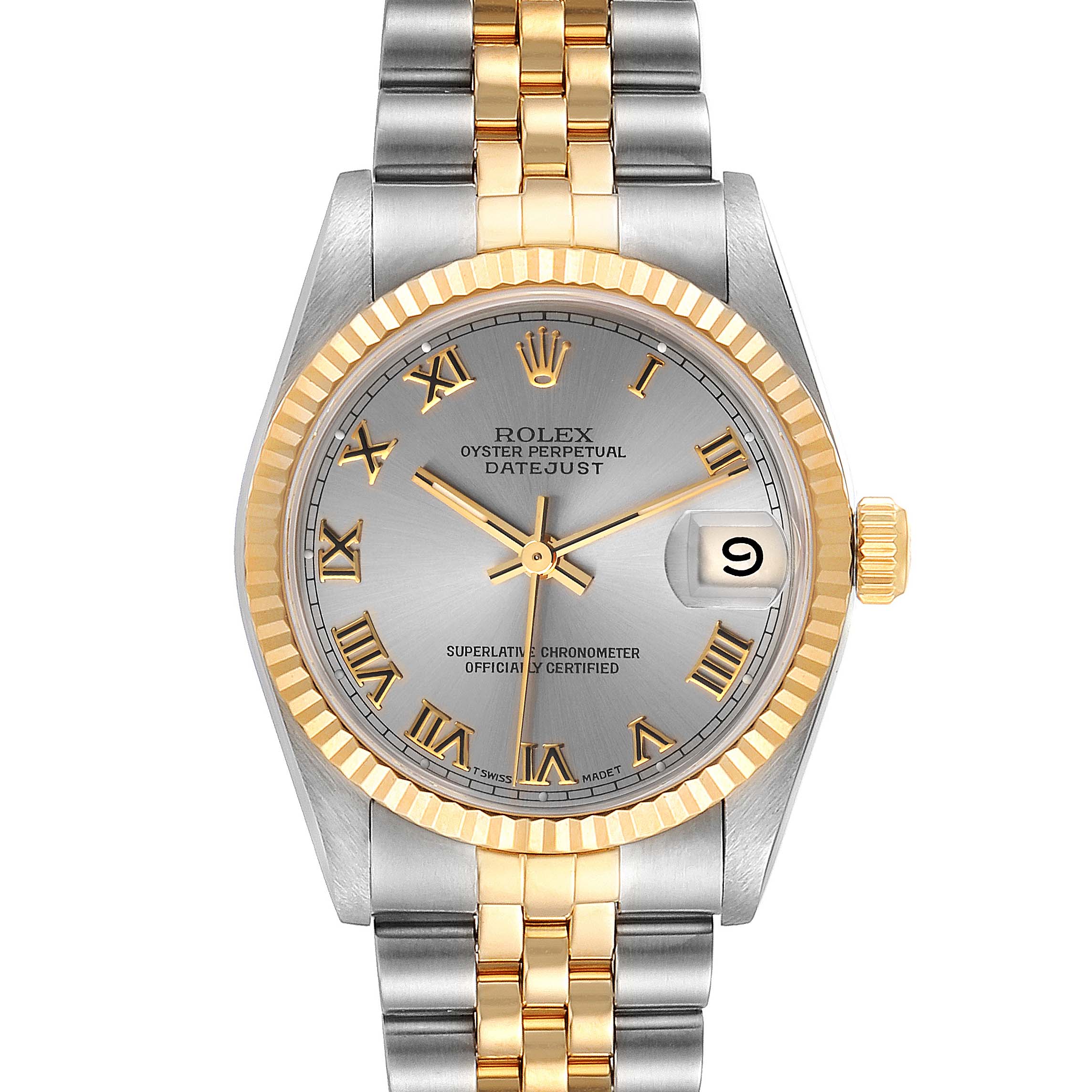 This image shows the front view of a Rolex Mid-Size 68273 Women's Steel and Gold (two tone) Grey Dial 68273 Women's Steel and Gold (two tone) Grey Dial Oyster Perpetual Datejust watch, highlighting its silver and gold design.