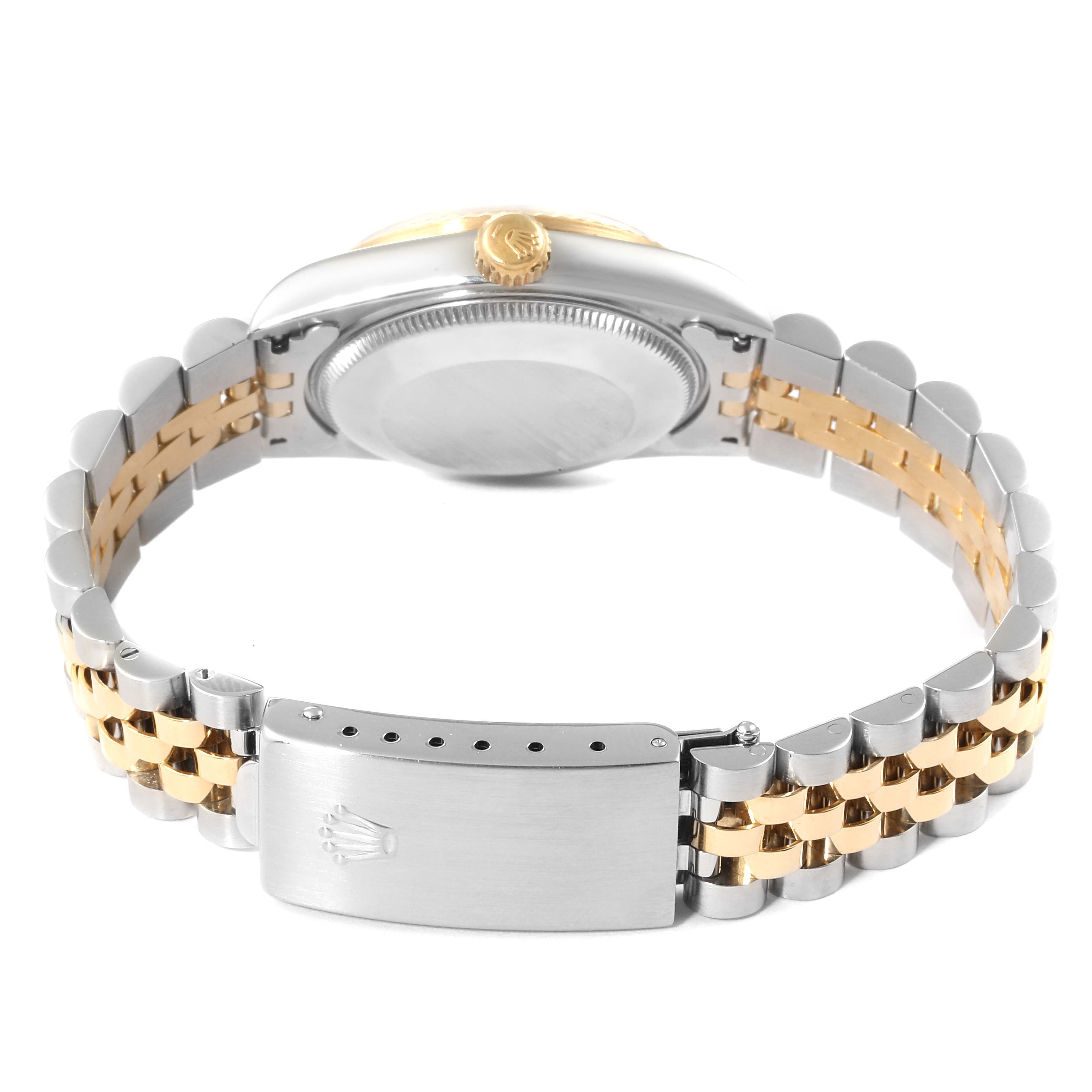 The image shows the rear view of a Rolex Mid-Size 68273 Women's Steel and Gold (two tone) Grey Dial 68273 Women's Steel and Gold (two tone) Grey Dial watch, featuring its case back, crown, and two-tone metal bracelet with a clasp.