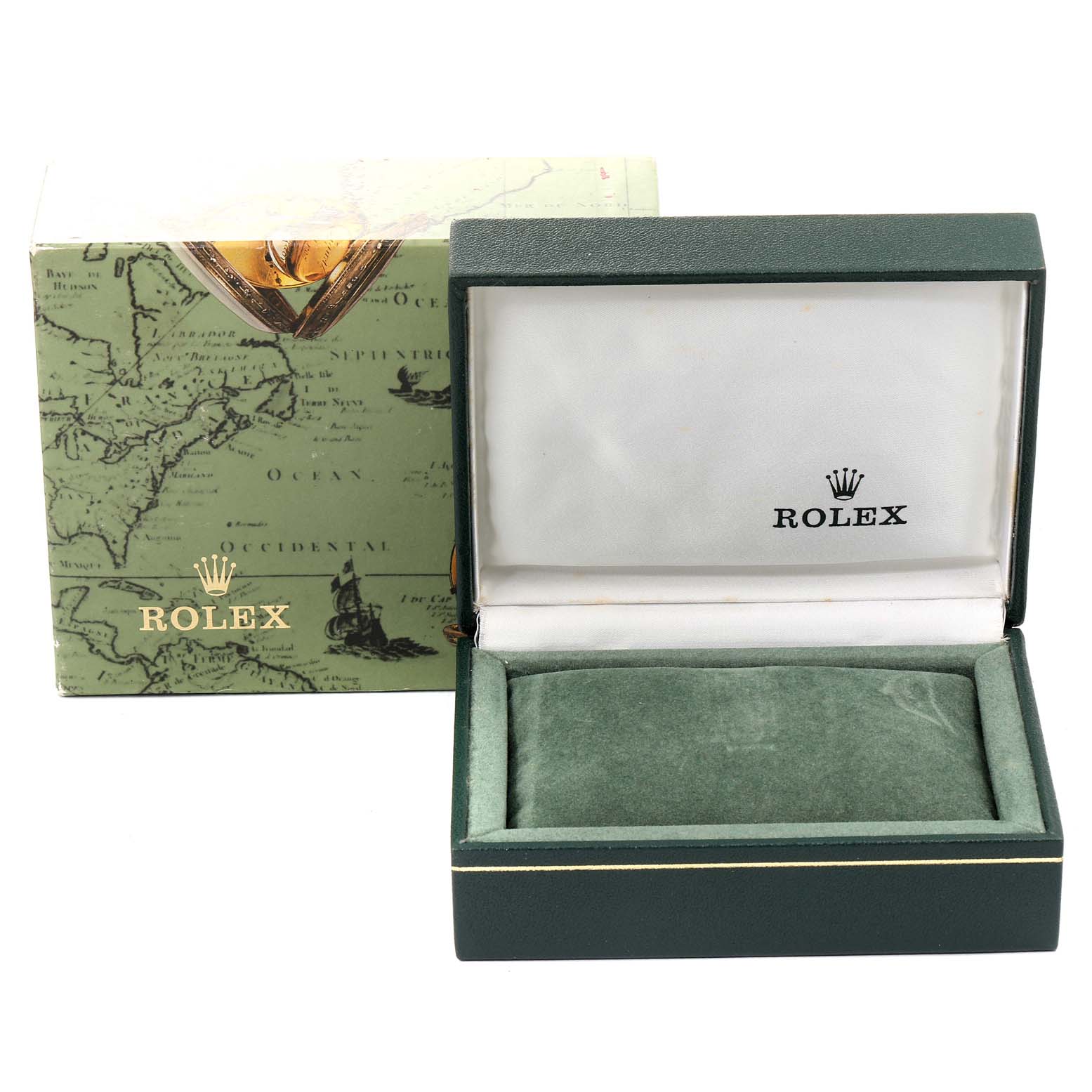 The image shows an empty Rolex watch box and its outer packaging, specifically for a Mid-Size model.