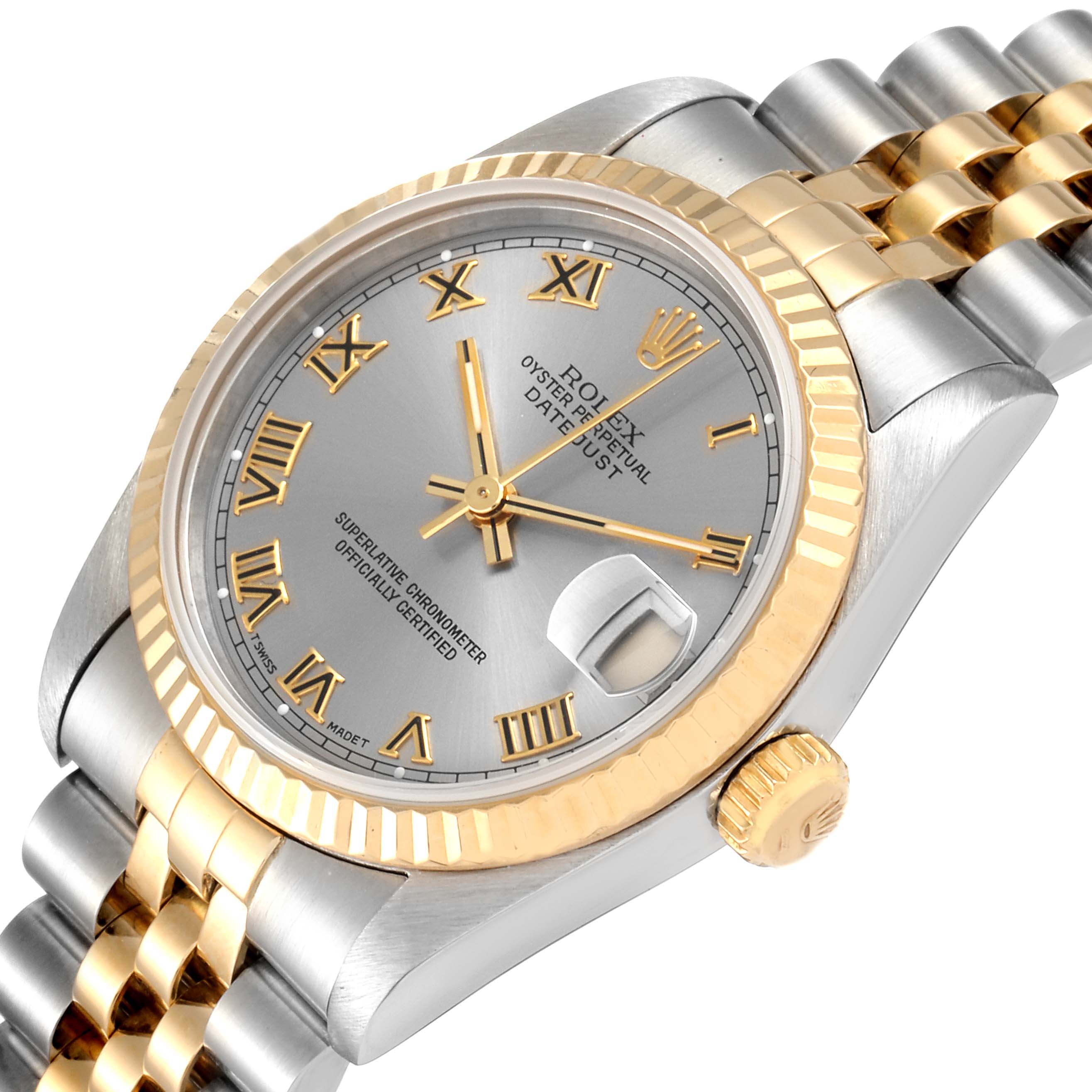 The image shows a close-up, angled view of a Rolex Oyster Perpetual Datejust Mid-Size watch, showcasing its dial, bezel, and part of the bracelet.