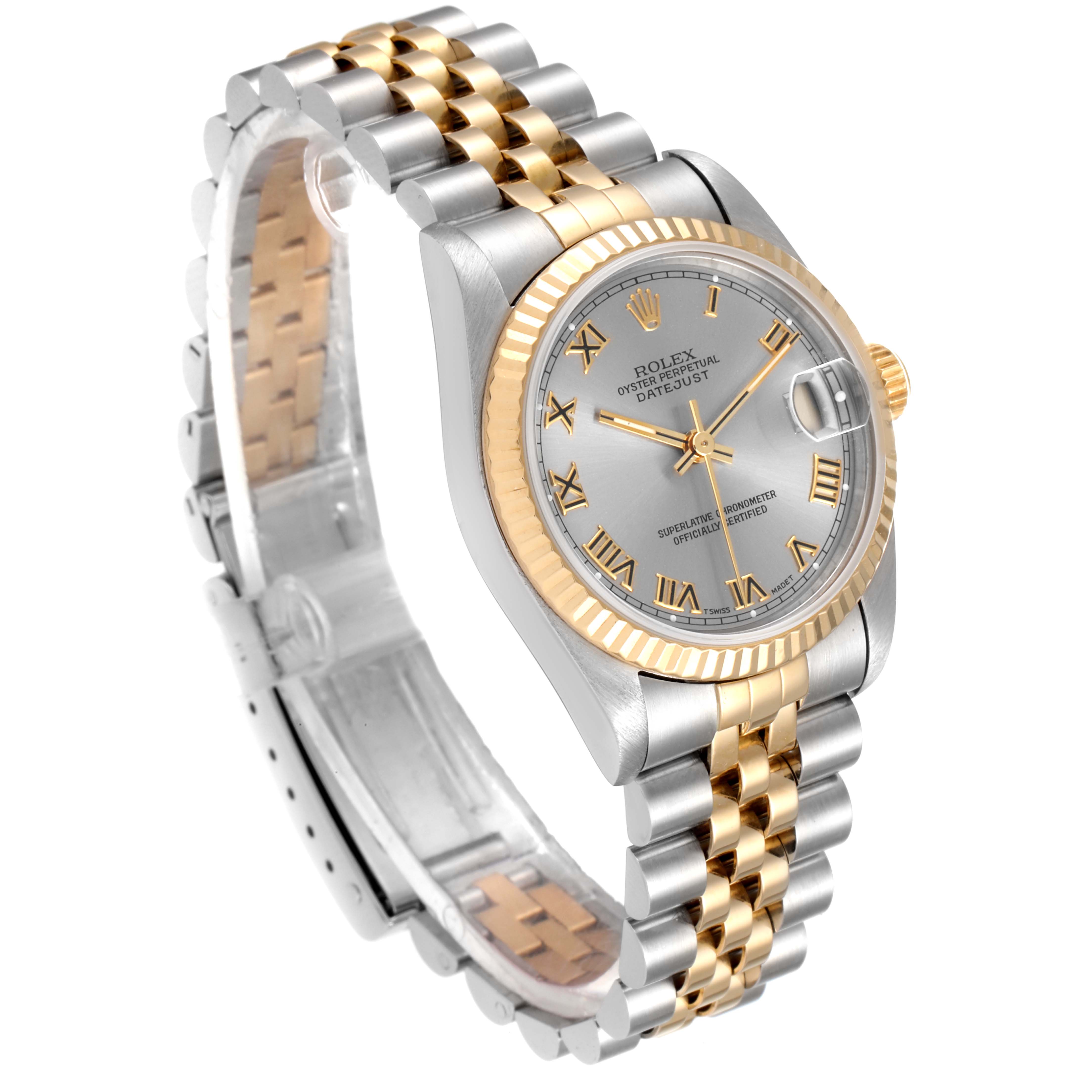 The image shows a Rolex Mid-Size 68273 Women's Steel and Gold (two tone) Grey Dial 68273 Women's Steel and Gold (two tone) Grey Dial Datejust from an angle highlighting its two-tone bracelet, fluted bezel, and dial with Roman numerals.