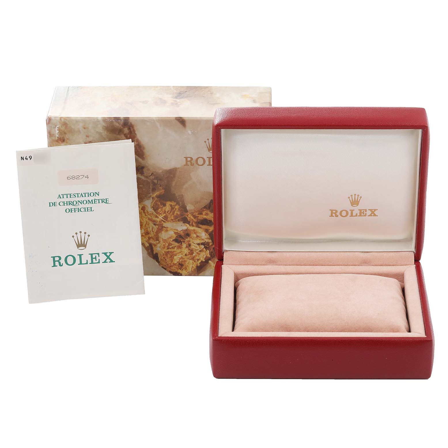 The image shows a Rolex Mid-Size 68274 Women
s Stainless Steel Silver Dial 68274 Women
s Stainless Steel Silver Dial watch box, certificate of Best Quality
ity, and outer packaging.