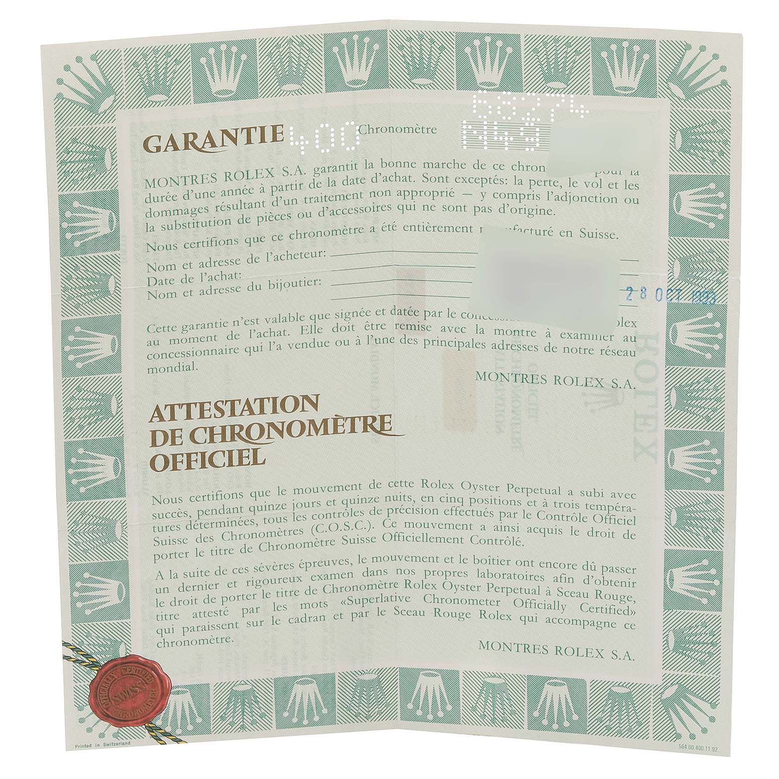 The image shows a warranty and chronometer certification document for a Rolex Mid-Size 68274 Women
s Stainless Steel Silver Dial 68274 Women
s Stainless Steel Silver Dial model watch.