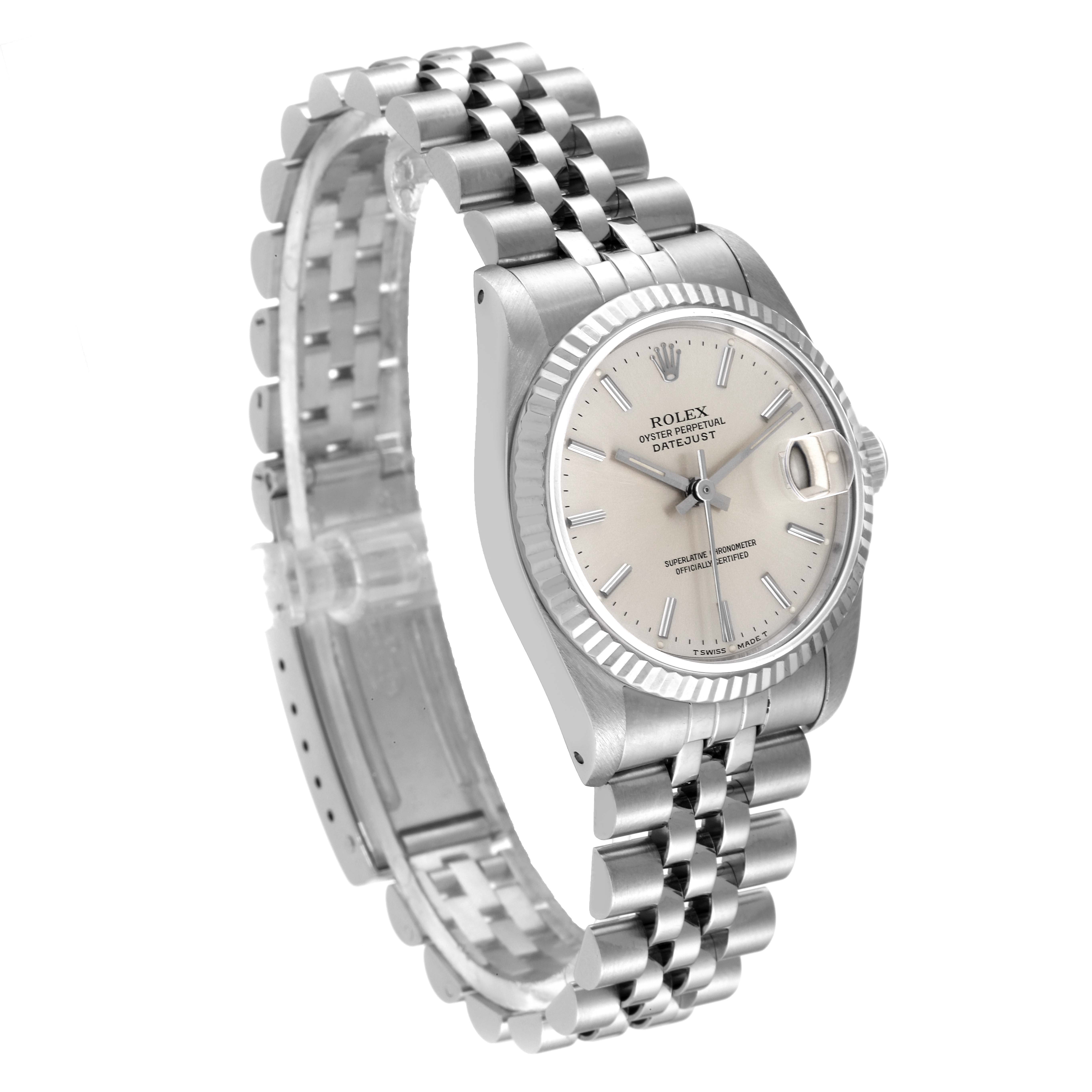 The image shows a side angle view of a Rolex Datejust Mid-Size watch, highlighting the face, bezel, and bracelet.
