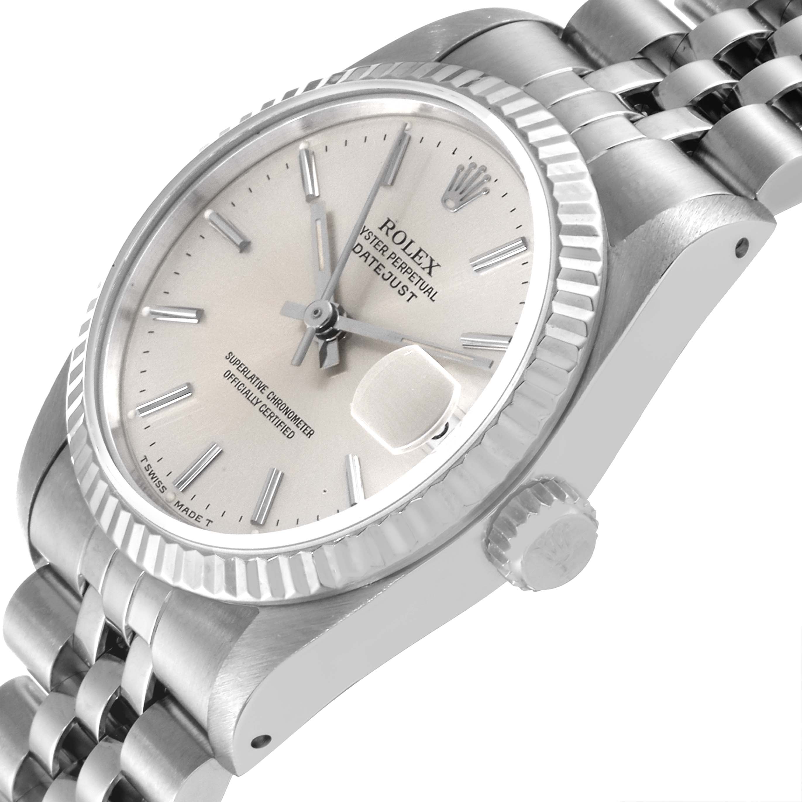 The image shows a side angle view of a Rolex Datejust Mid-Size model, highlighting the dial, crown, and part of the bracelet.