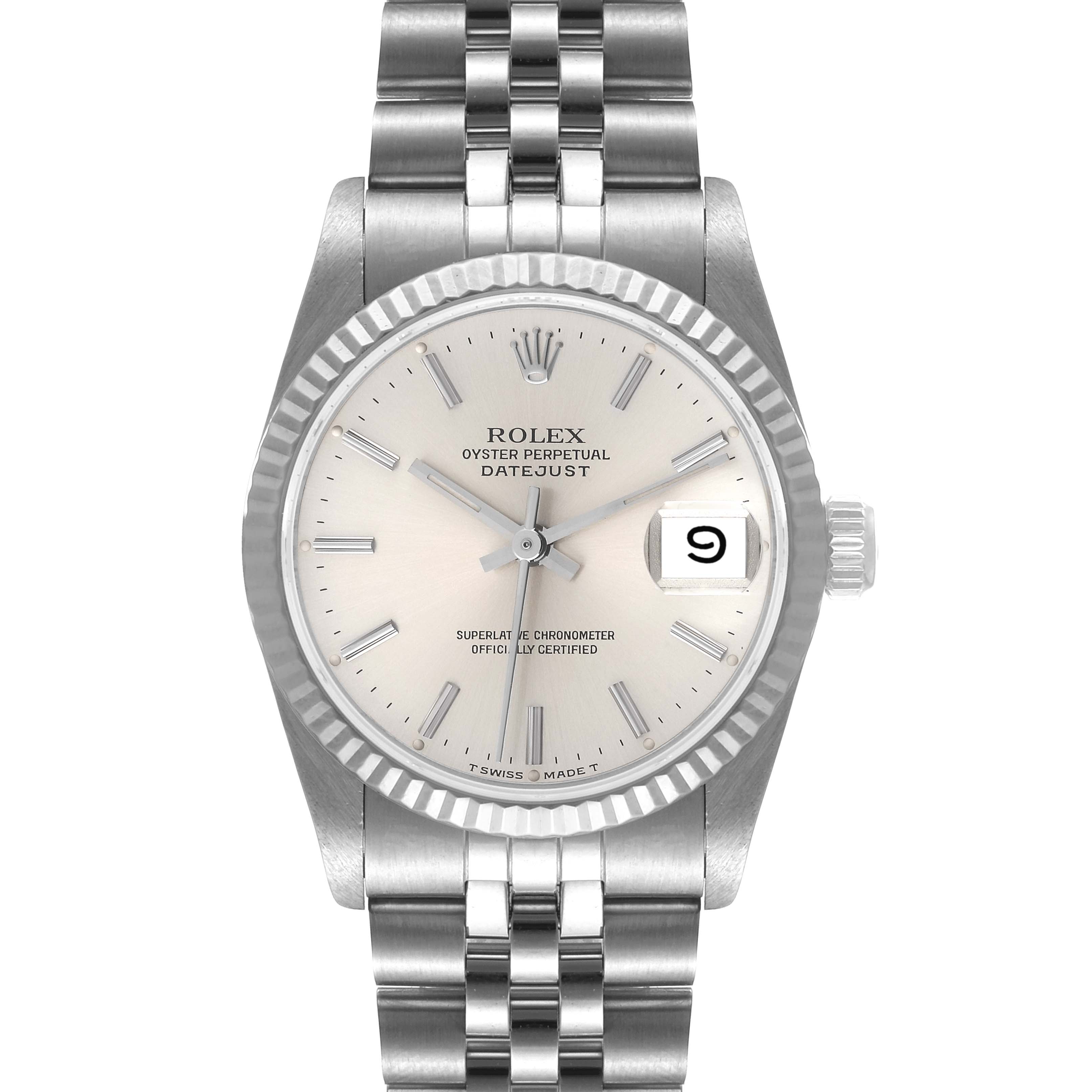 The image shows a frontal view of a Rolex Mid-Size 68274 Women
s Stainless Steel Silver Dial 68274 Women
s Stainless Steel Silver Dial Datejust watch, displaying its dial, hands, date window, and bracelet.