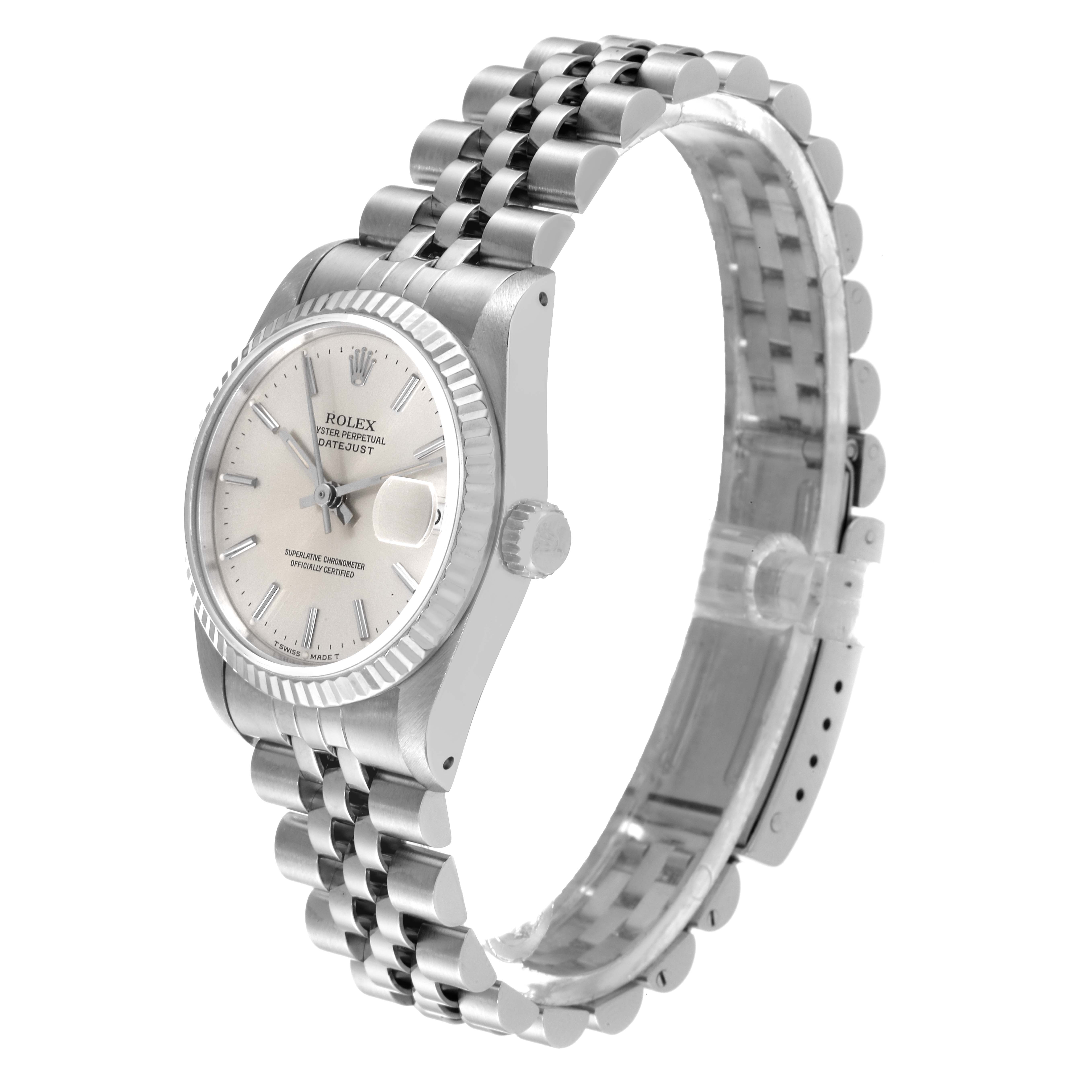 The image shows a Rolex Mid-Size 68274 Women
s Stainless Steel Silver Dial 68274 Women
s Stainless Steel Silver Dial Datejust watch at a three-quarter angle, displaying the face, bezel, crown, and jubilee bracelet.