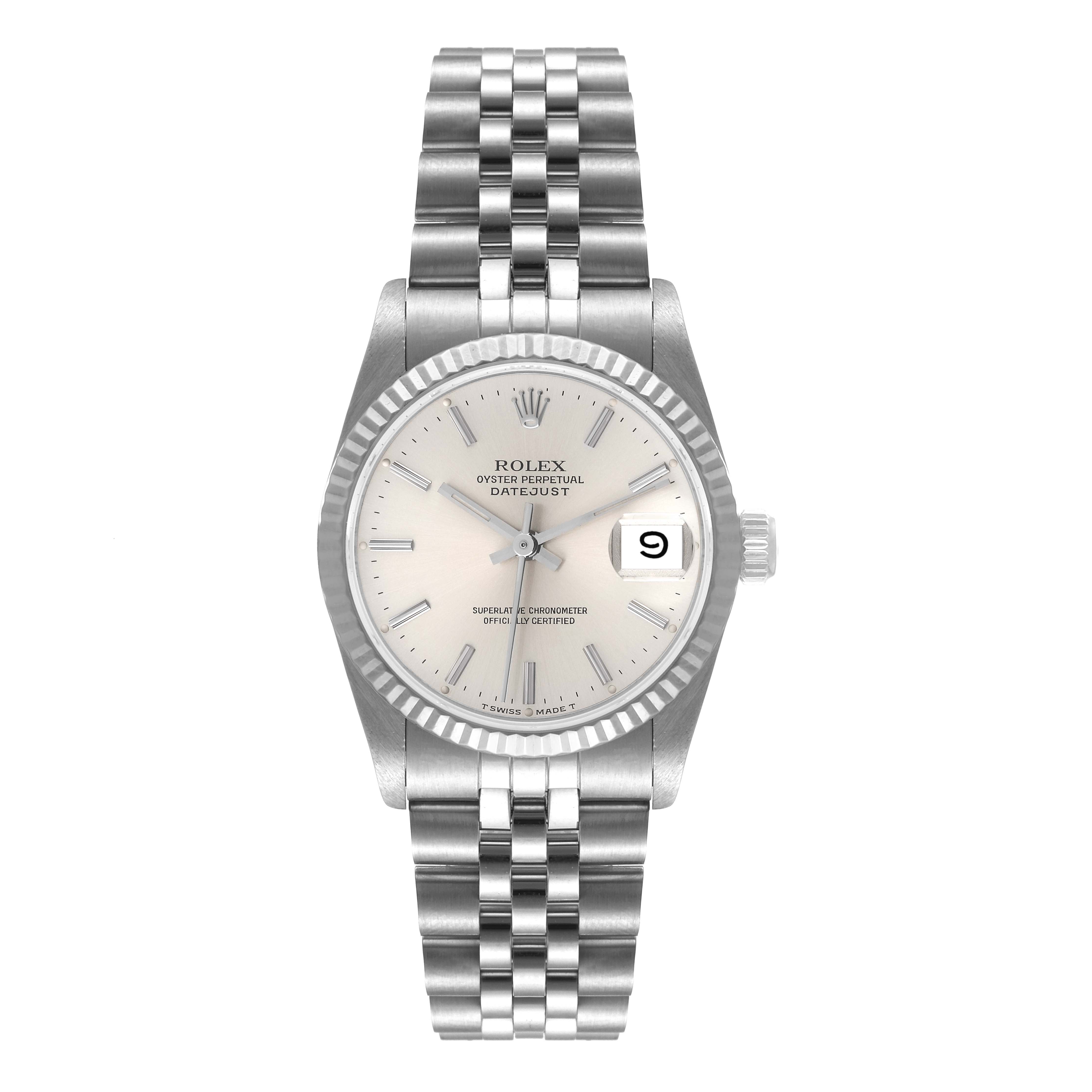 This image shows a front view of a Rolex Oyster Perpetual Datejust Mid-Size watch with a silver dial and jubilee bracelet.