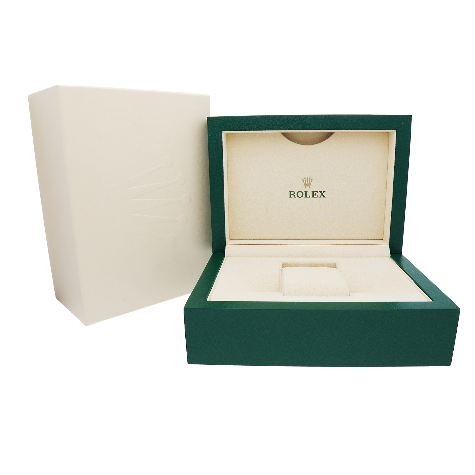 The image shows an open green and cream Rolex watch box without the Mid-Size Rolex model inside.