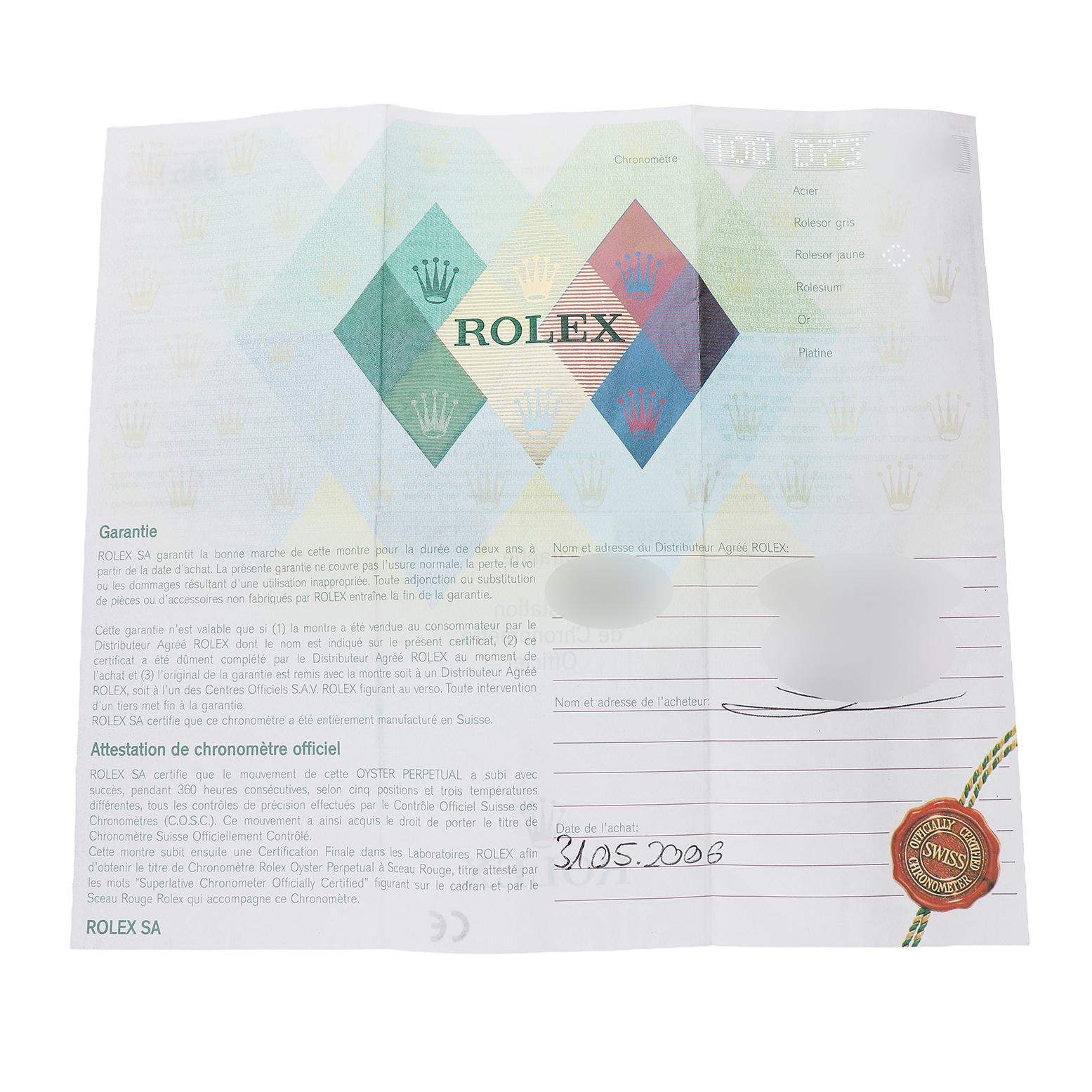 The image shows a Rolex warranty certificate document for a Mid-Size model.