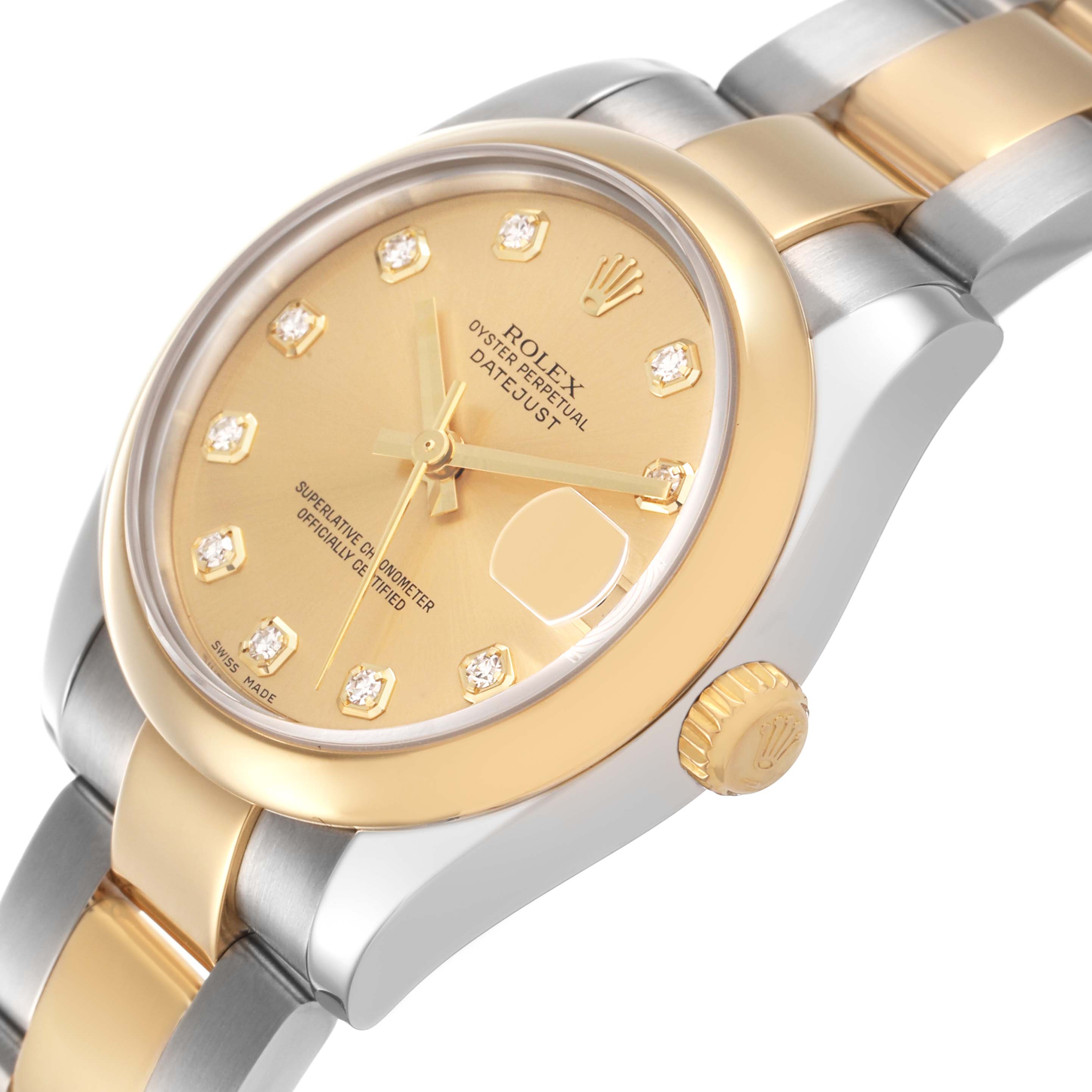 The Rolex Mid-Size 178243 Women's Steel and Gold (two tone) Champagne Dial model is shown at an angled top-down view, highlighting the bezel, dial, crown, and bracelet.