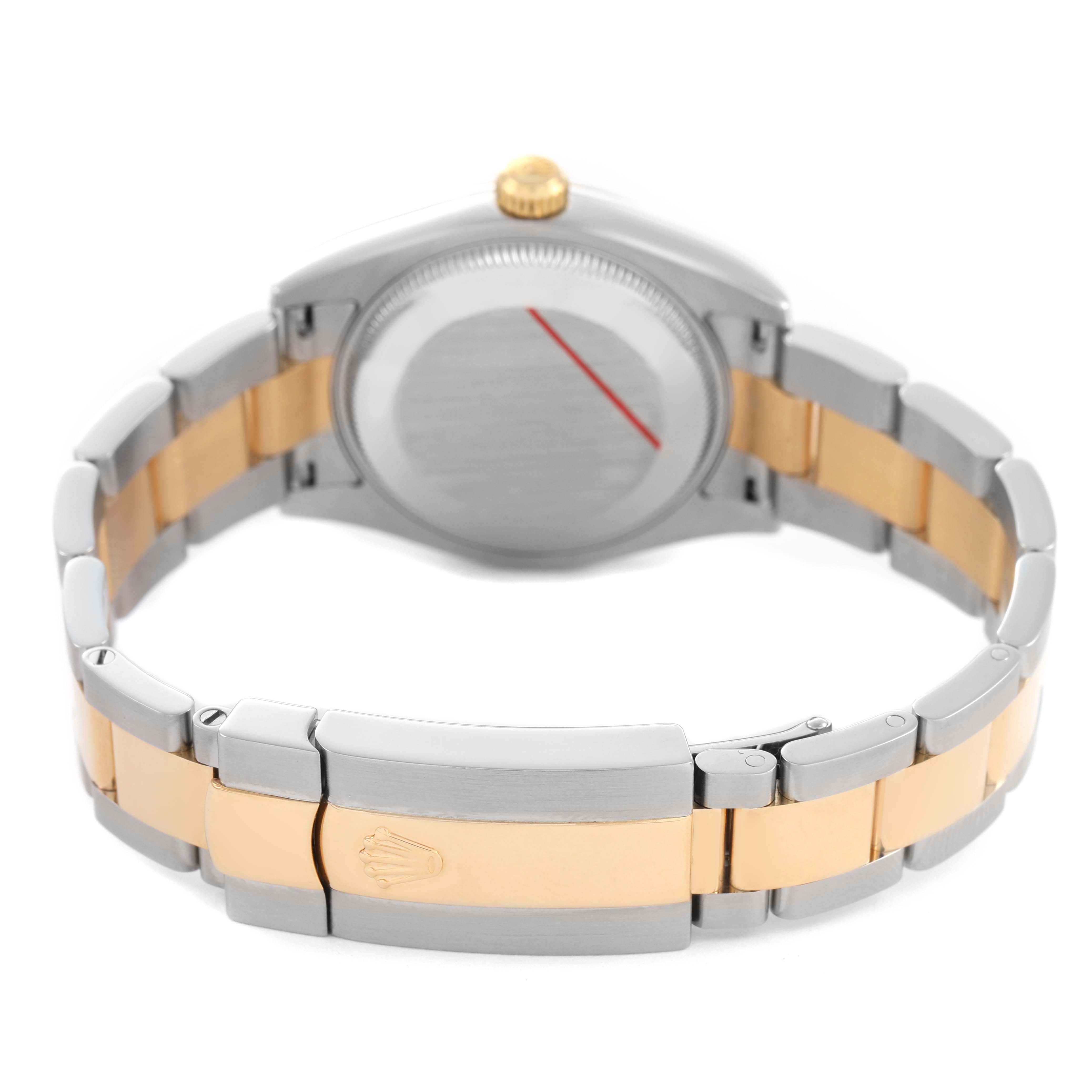 The image shows the back of a Rolex Mid-Size 178243 Women's Steel and Gold (two tone) Champagne Dial watch, highlighting the clasp, bracelet, and case back.