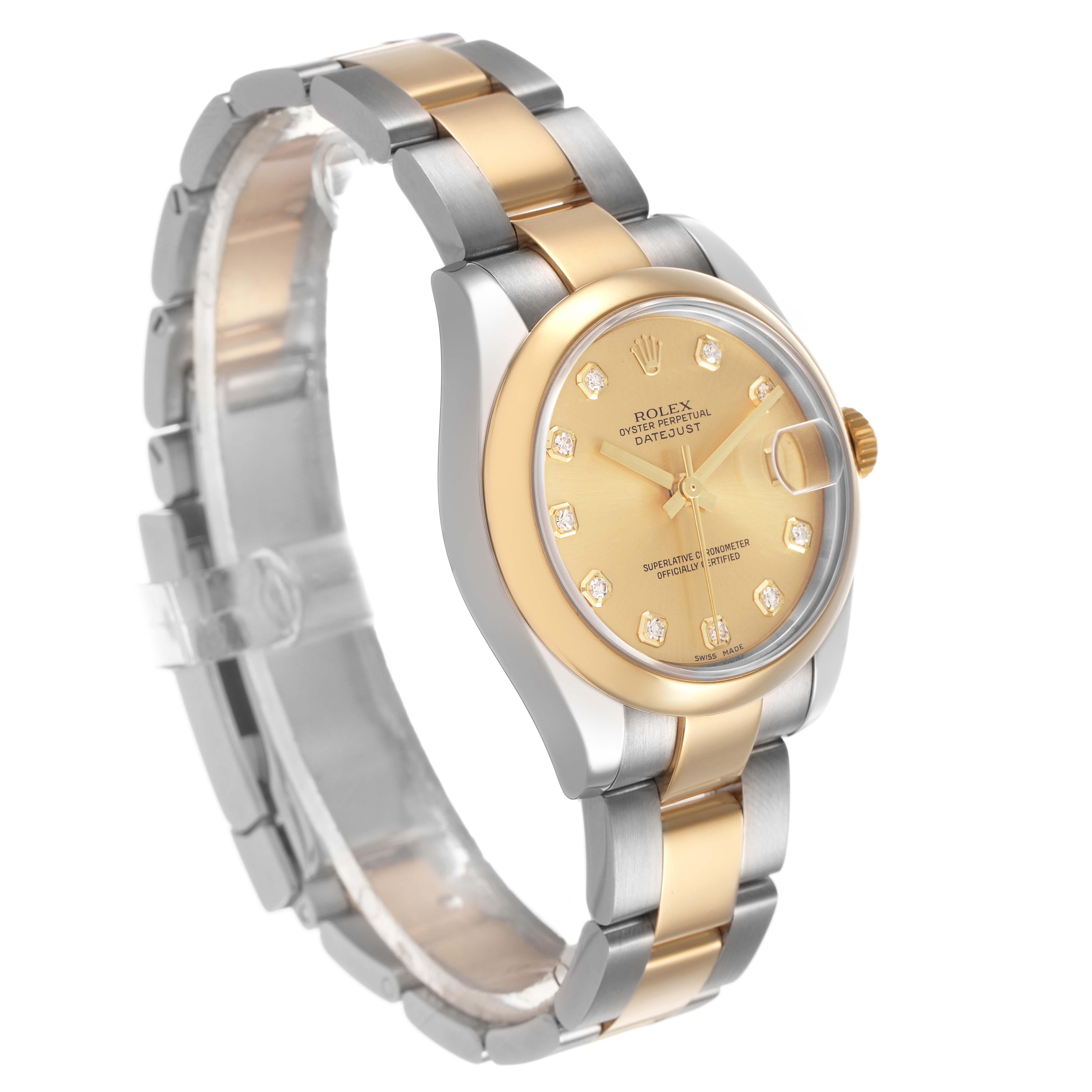 The Rolex Mid-Size 178243 Women's Steel and Gold (two tone) Champagne Dial model is shown at a slight angle, displaying its gold and silver bracelet and diamond-accented dial.