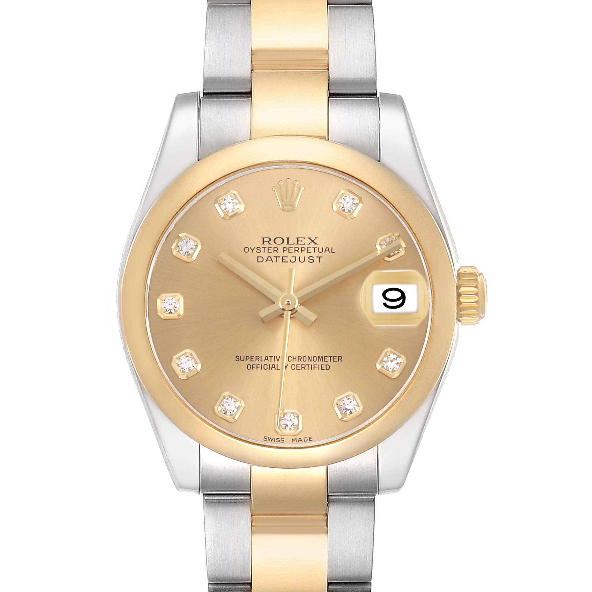 The Rolex Datejust Mid-Size watch is shown from the front, displaying its gold dial, diamond hour markers, and two-tone bracelet.
