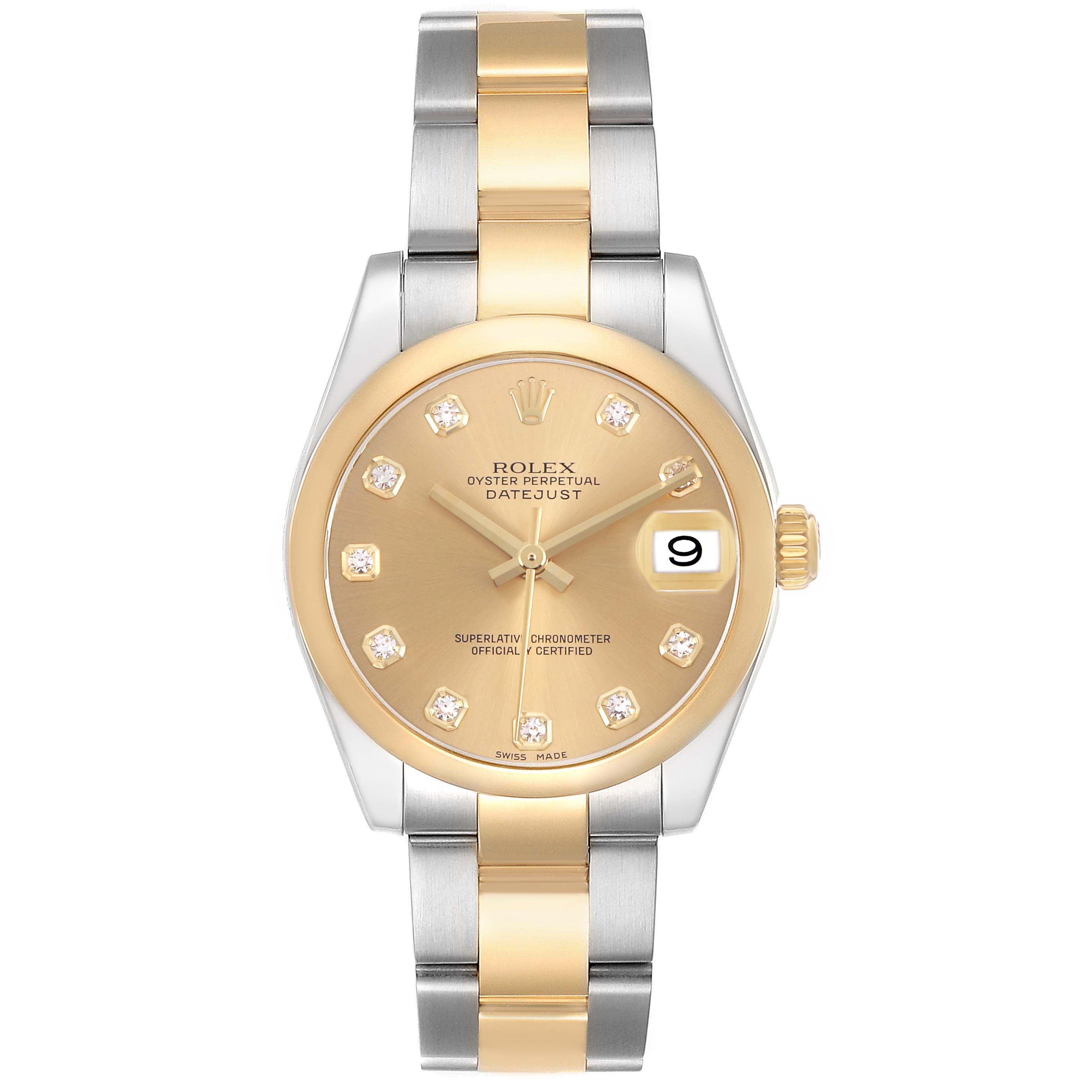 This Rolex Datejust Mid-Size watch is shown from the front, featuring a gold dial, oyster bracelet, and diamond hour markers.