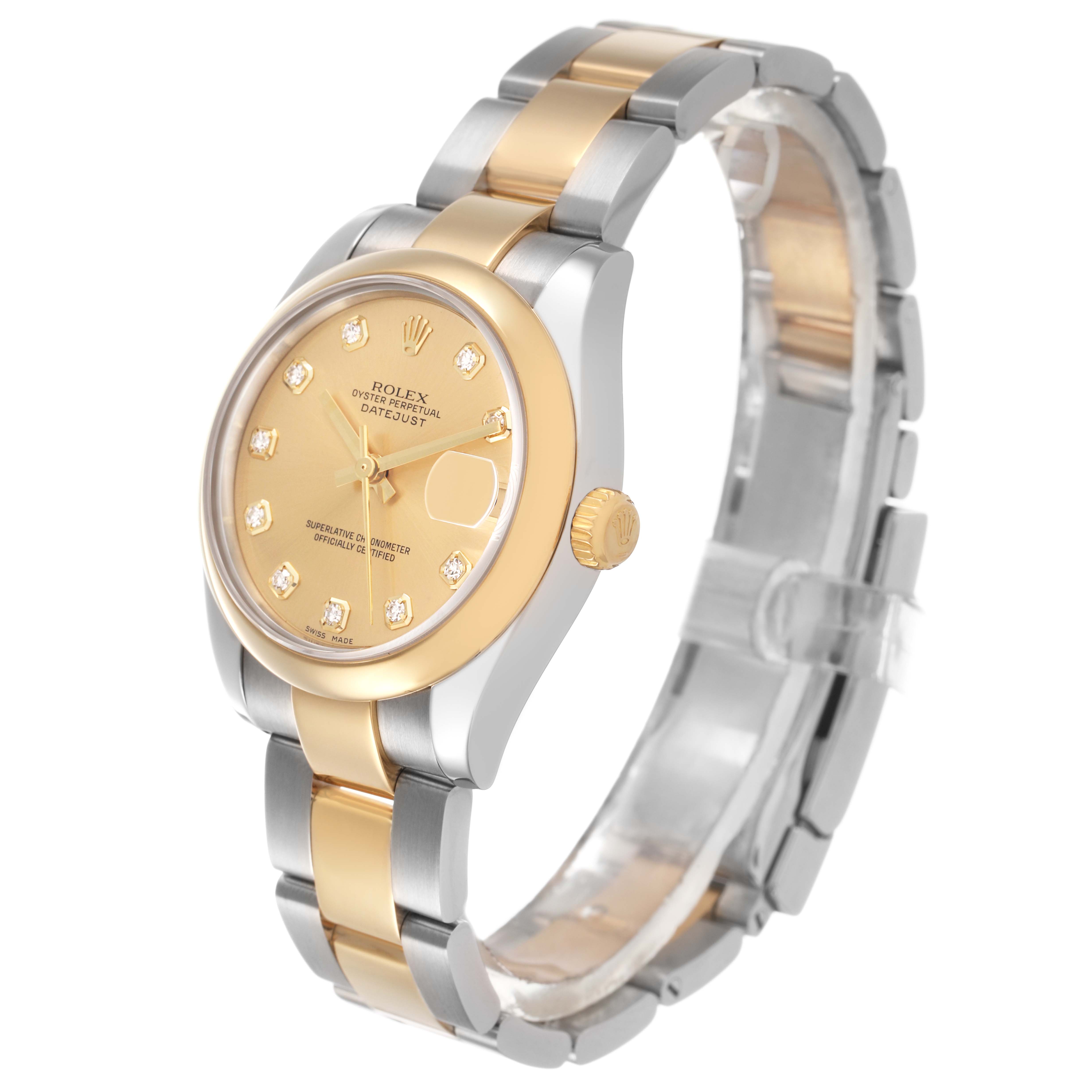The Rolex Mid-Size 178243 Women's Steel and Gold (two tone) Champagne Dial watch is shown at a side angle, highlighting its gold and silver bracelet, bezel, and face with diamond markers.