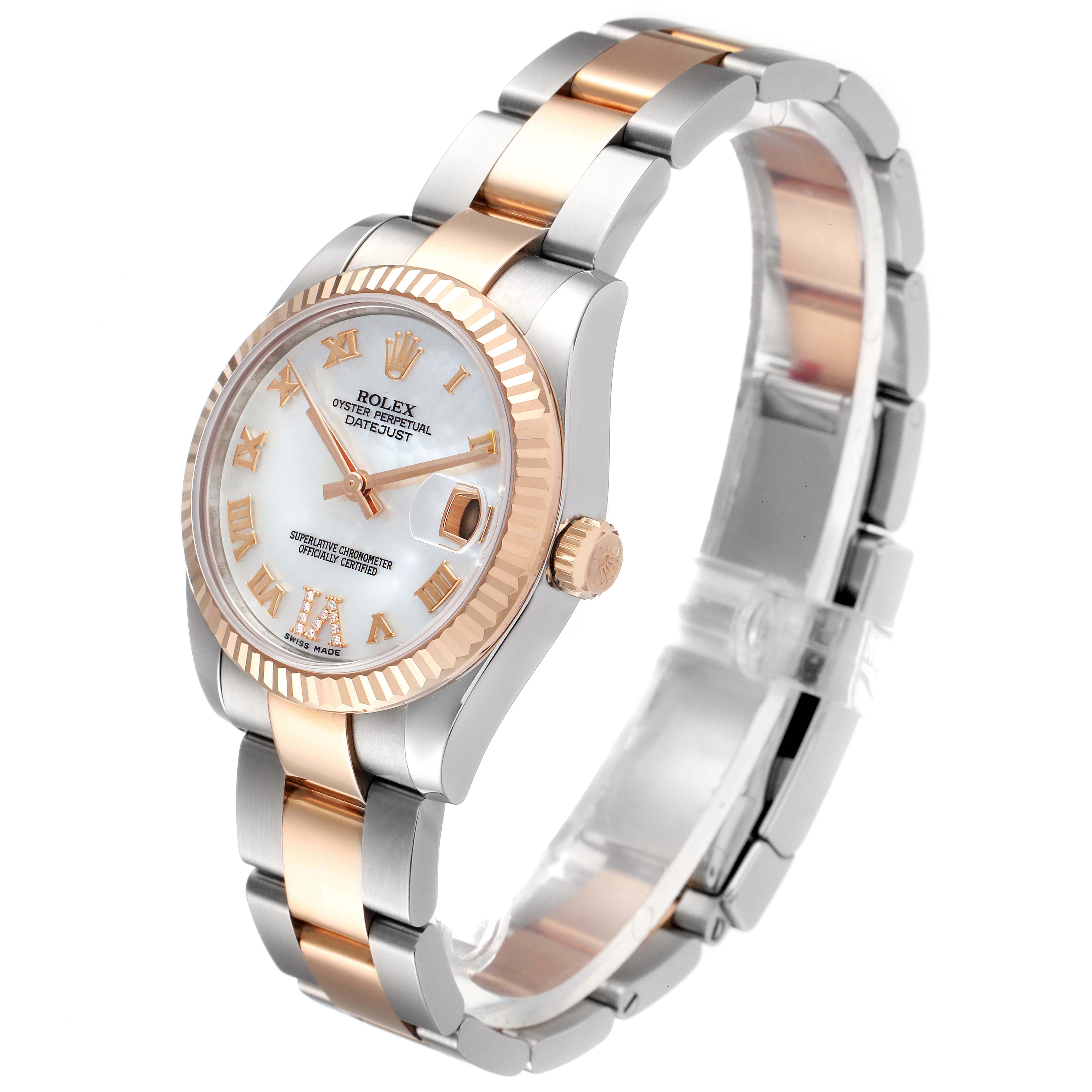 The image shows a side angle of a Mid-Size Rolex Oyster Perpetual Datejust, highlighting the face, bezel, and two-tone bracelet.