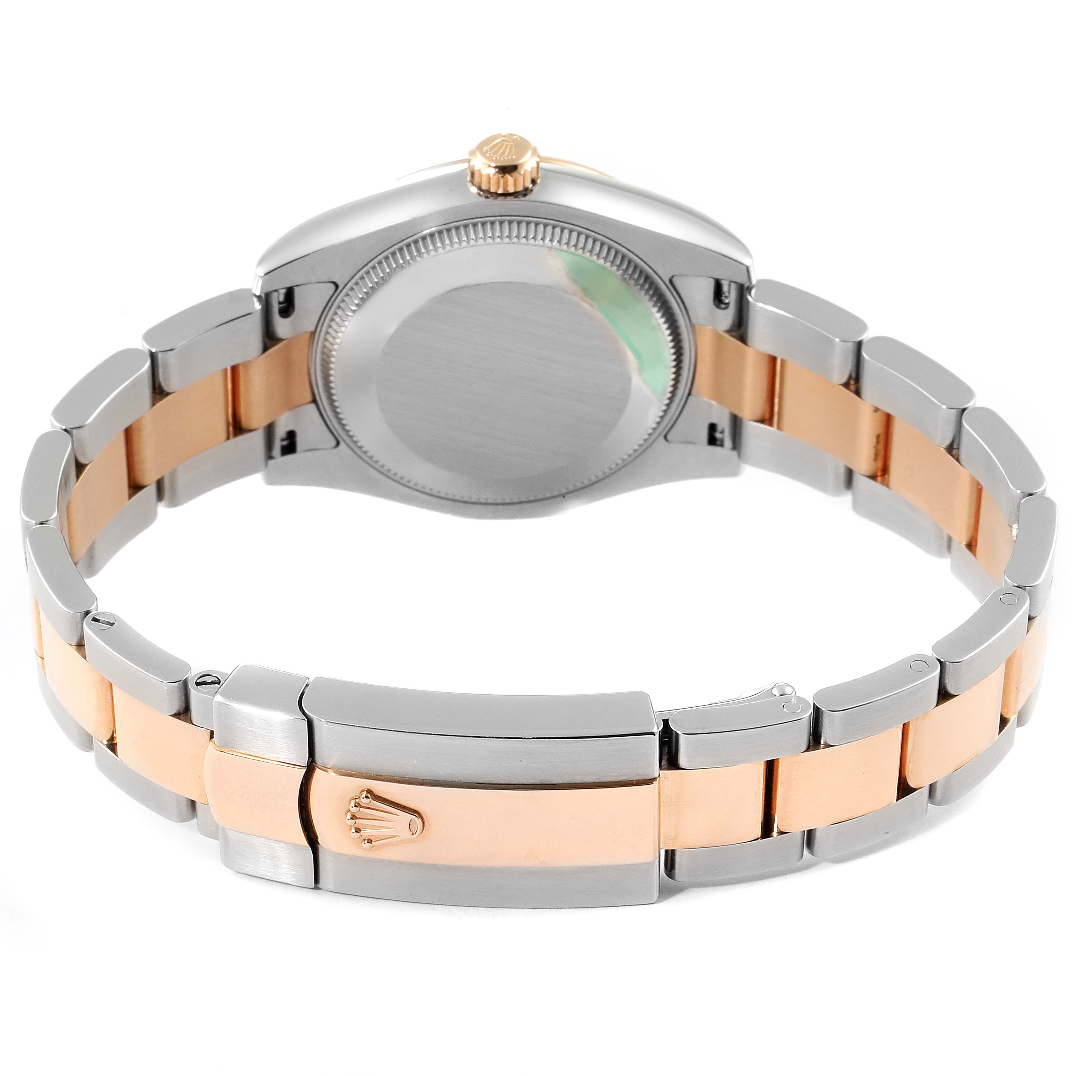 The image shows the back and bracelet of a Rolex Mid-Size 178271 Women's Steel and Gold (two tone) Mother of Pearl Dial 178271 Women's Steel and Gold (two tone) Mother of Pearl Dial watch, with a two-tone design and a prominent clasp.