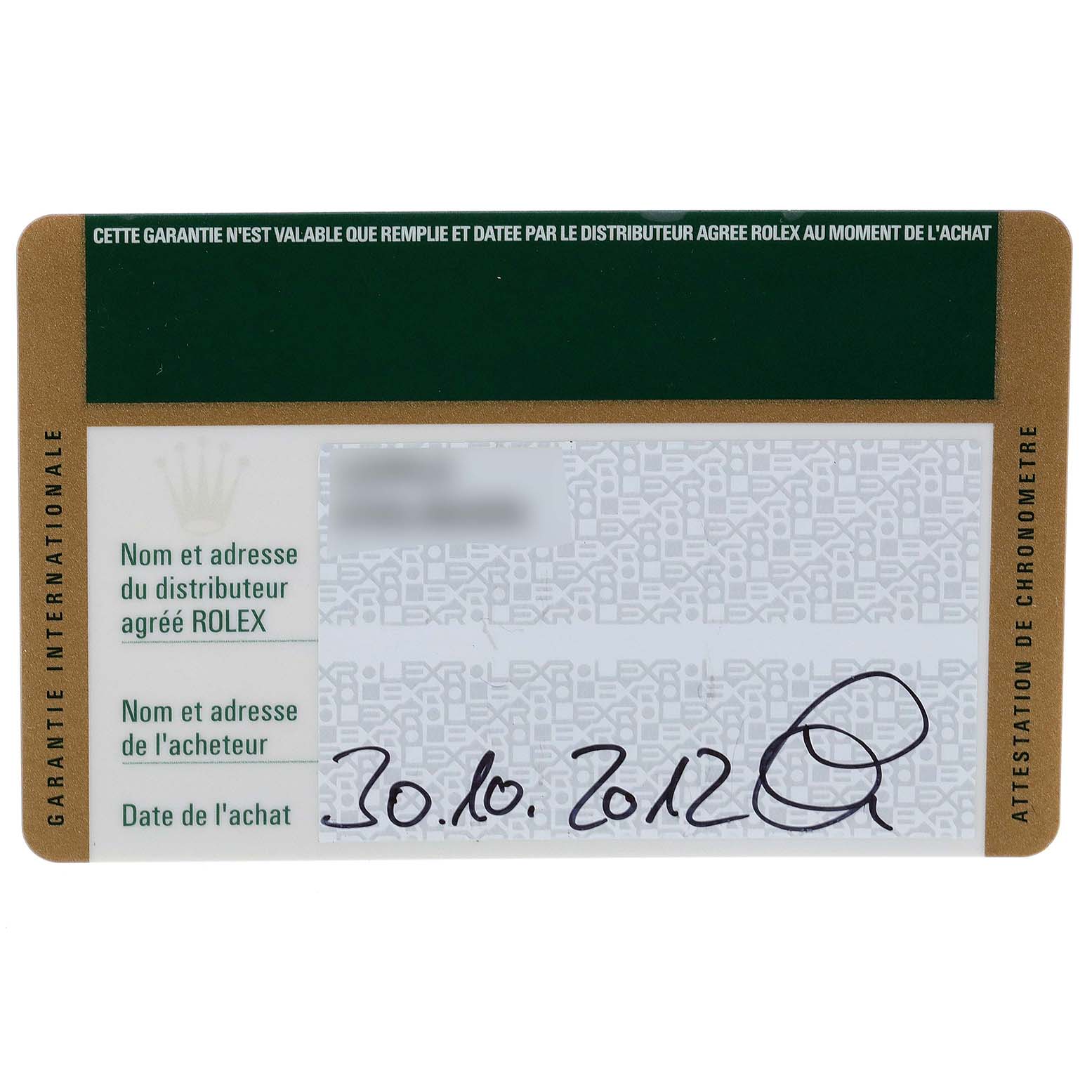 The image shows a warranty card for a Mid-Size Rolex watch.
