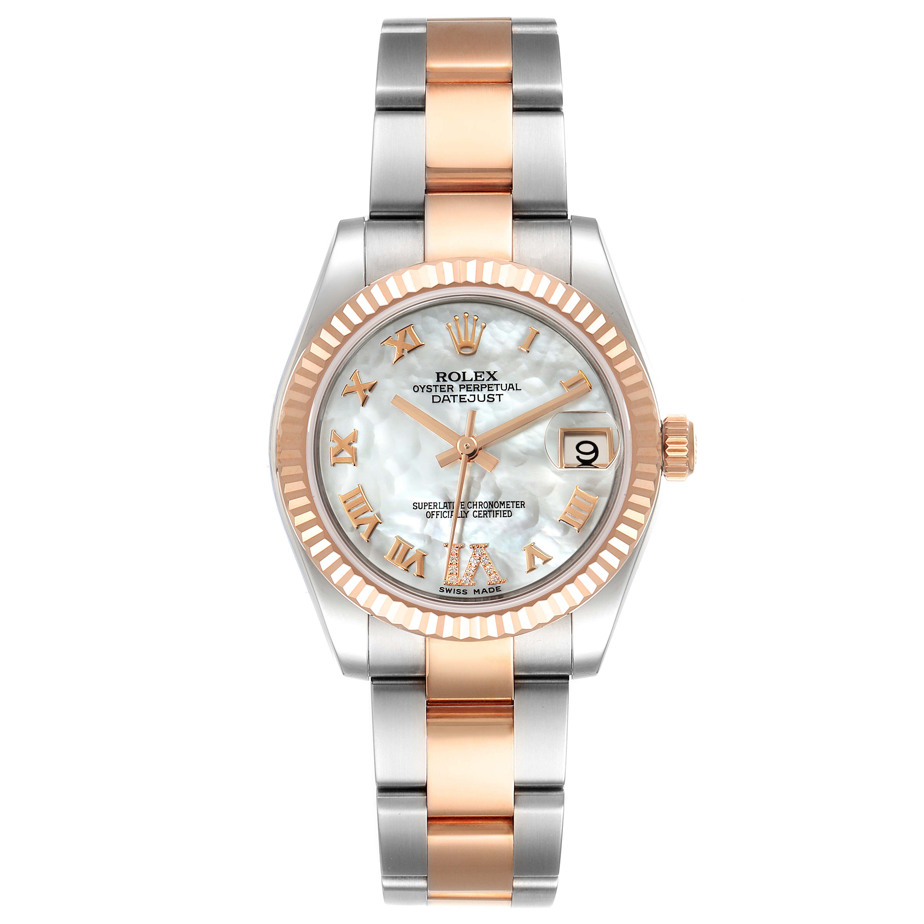 The image displays a front view of a mid-size Rolex Oyster Perpetual Datejust watch, highlighting the dial, bezel, and bracelet.