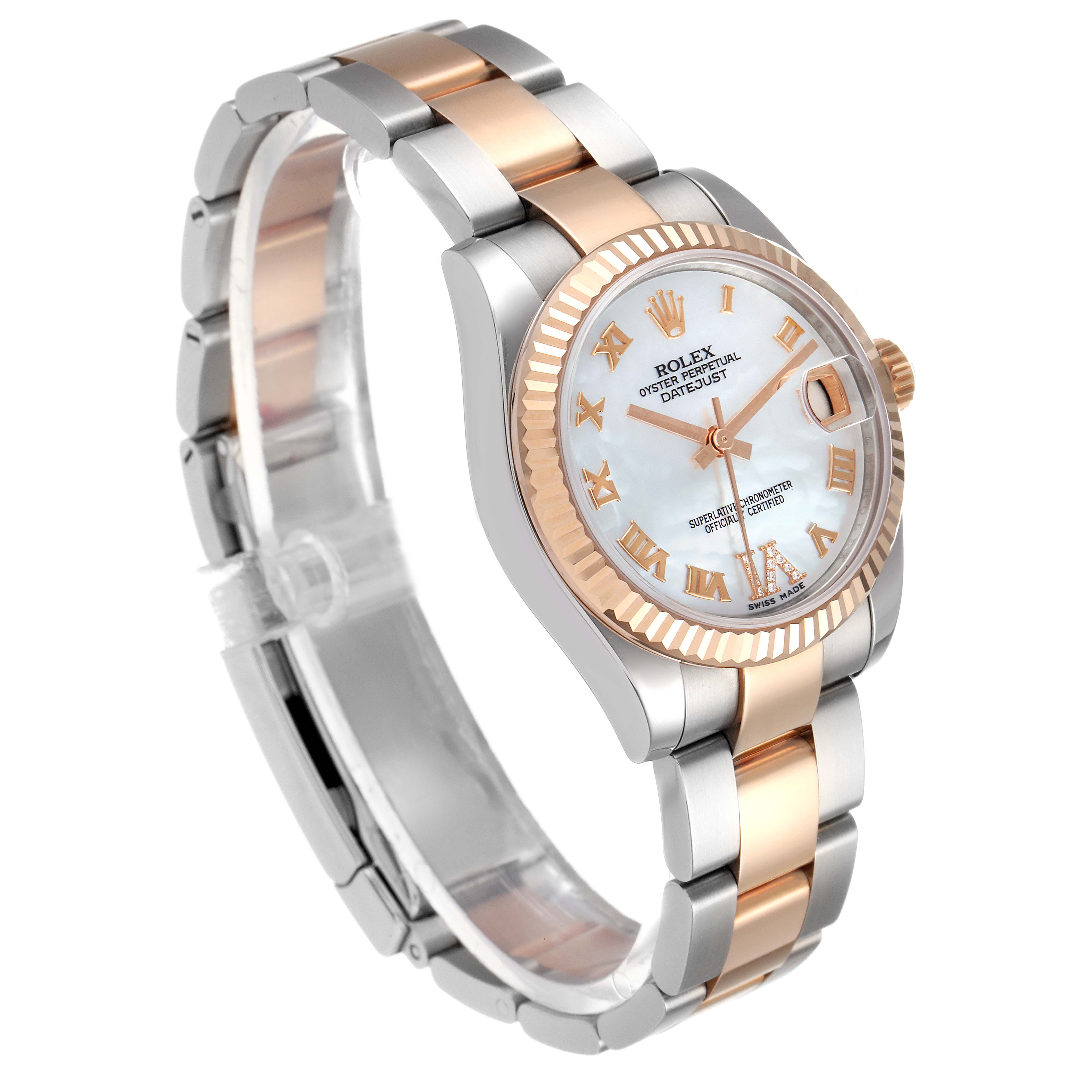 The image shows a side angle of the Rolex Datejust Mid-Size watch, highlighting its gold and silver bracelet and fluted bezel.