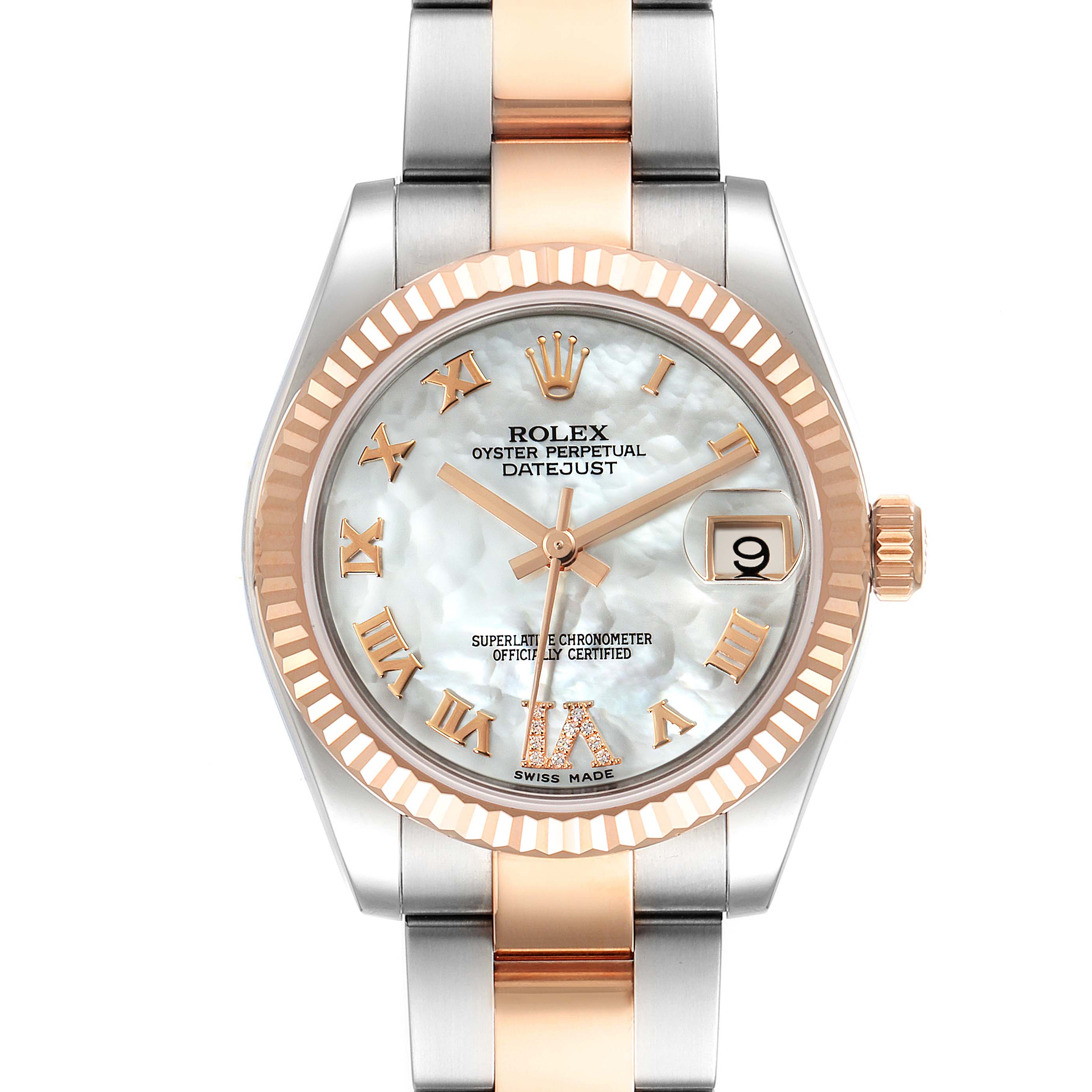 This image shows a frontal view of a Rolex Mid-Size 178271 Women's Steel and Gold (two tone) Mother of Pearl Dial 178271 Women's Steel and Gold (two tone) Mother of Pearl Dial Oyster Perpetual Datejust, highlighting the dial, bezel, and bracelet.