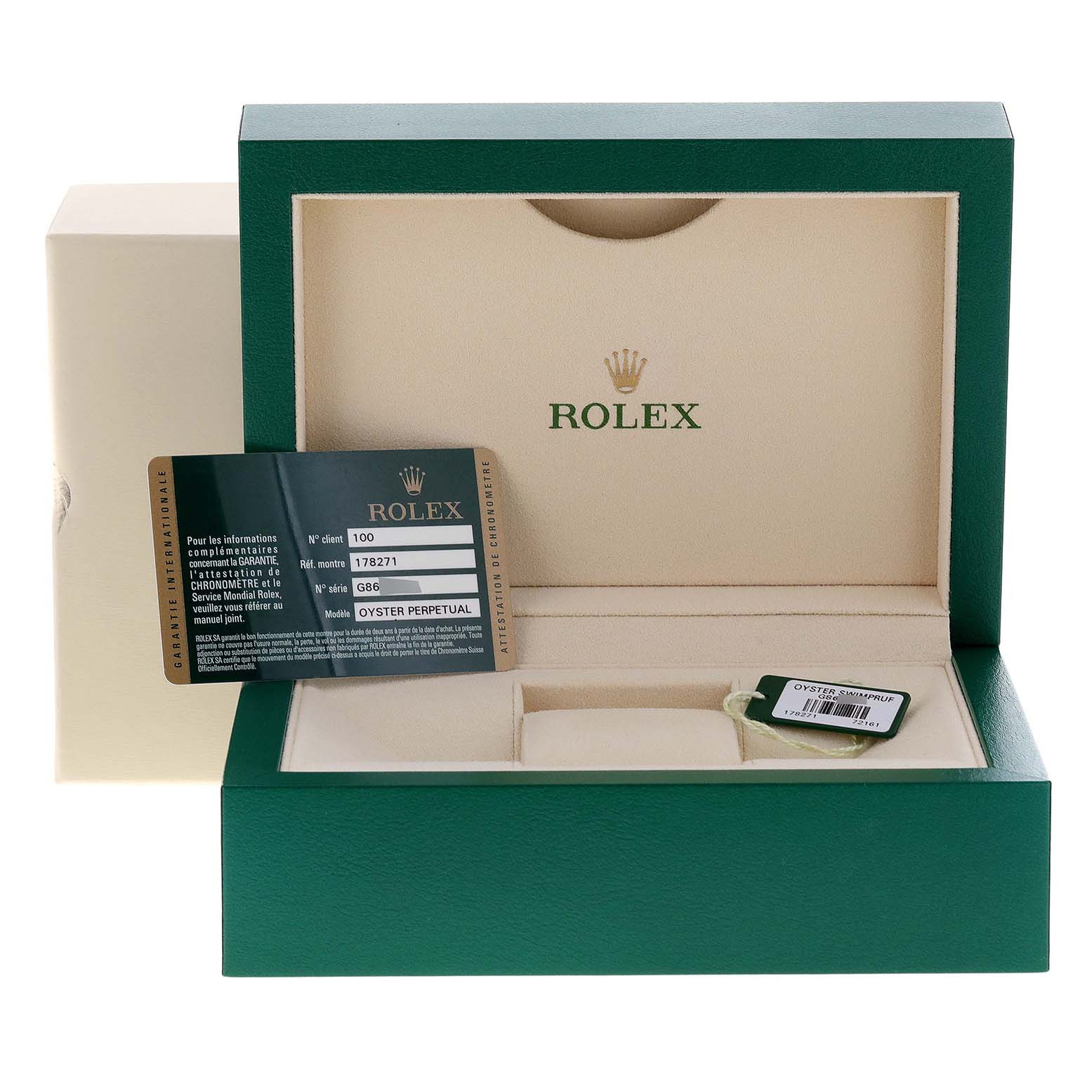The image shows the open box and authenticity card for a Rolex Mid-Size 178271 Women's Steel and Gold (two tone) Mother of Pearl Dial 178271 Women's Steel and Gold (two tone) Mother of Pearl Dial model watch.