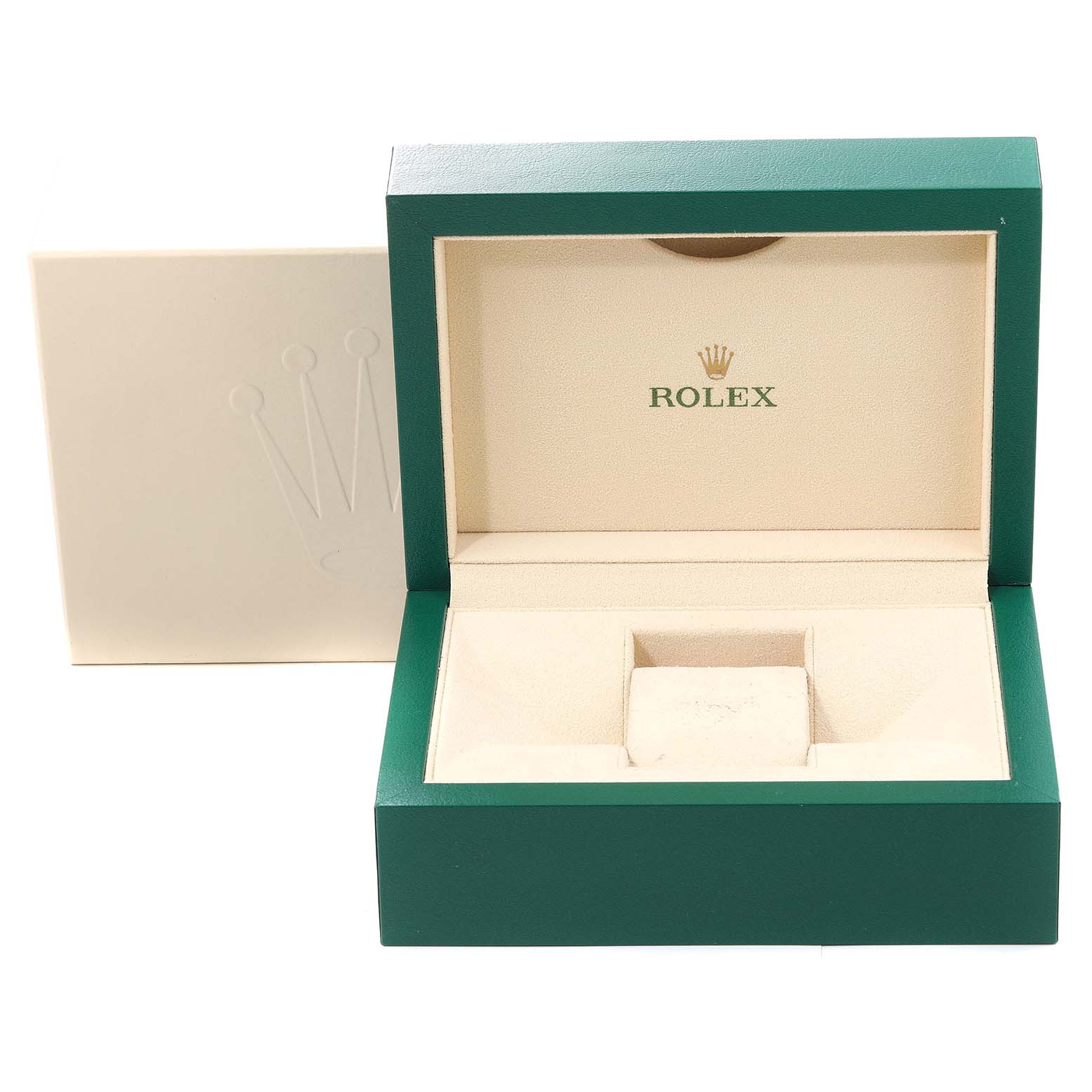 This image shows an open Rolex watch box for a Mid-Size model, with the inner compartment visible.