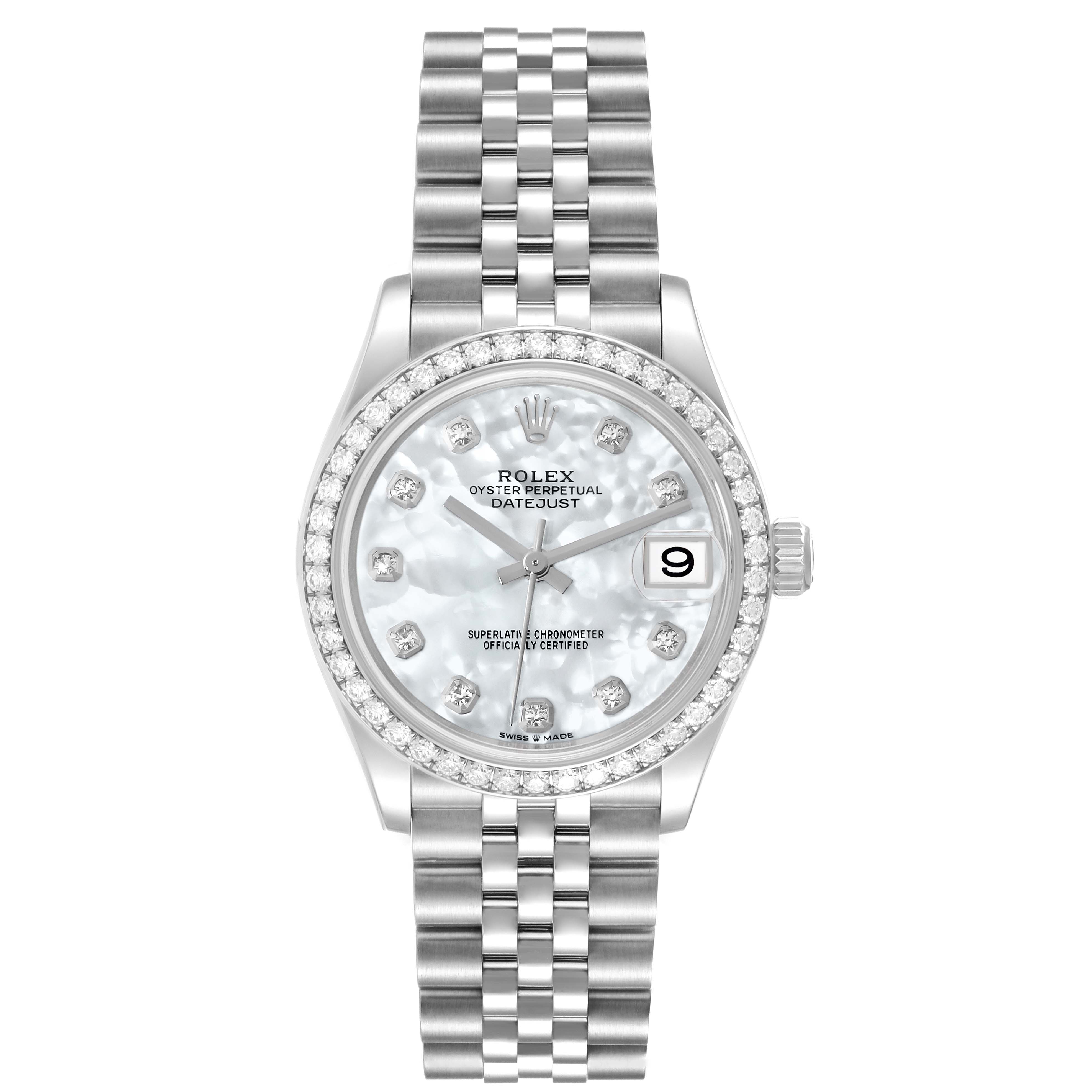 The image shows a front view of a Rolex Oyster Perpetual Datejust Mid-Size watch, featuring its dial, bracelet, and crown.